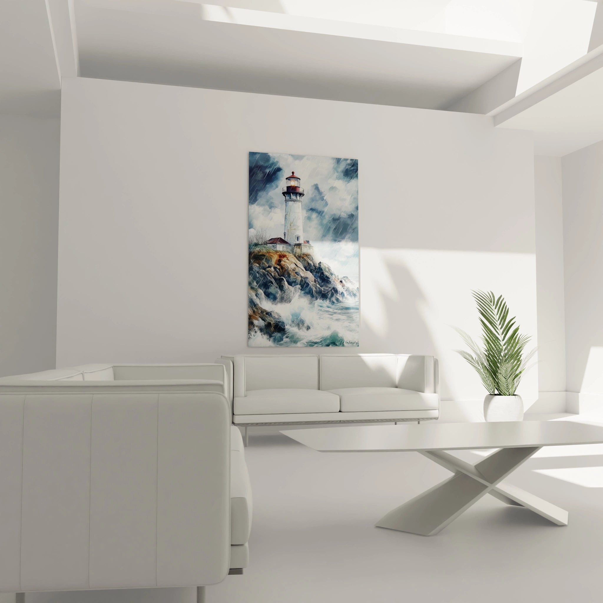 Un tableau phare montrant un phare cylindrique au sommet d’une falaise, entouré de rochers aux tons bruns et gris. L’eau en bas est animée par des vagues écumeuses sous un ciel chargé de nuages.