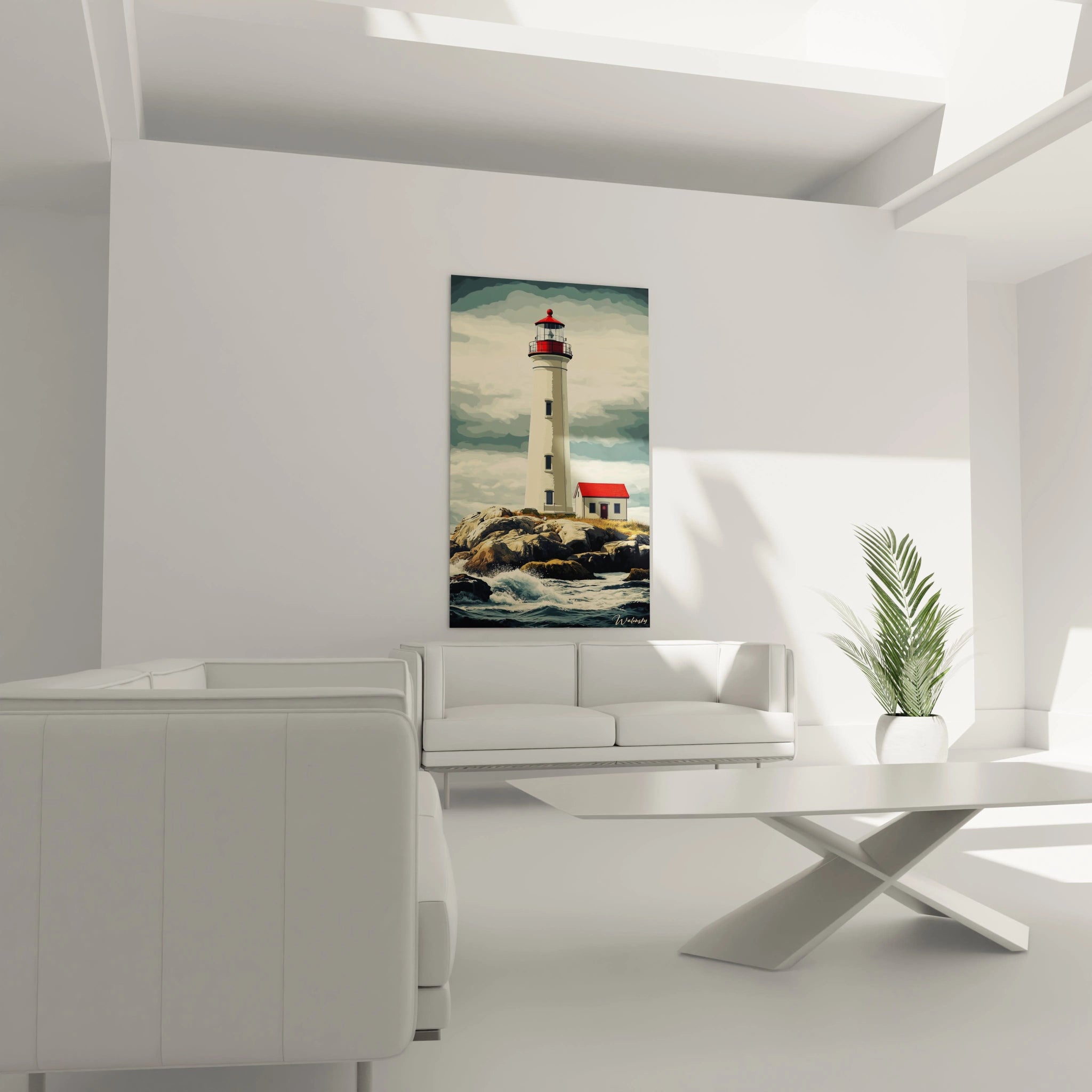 Un tableau phare illustrant une construction verticale blanche, perchée sur des rochers, avec des éclats de vagues en premier plan. Nuances dominantes de bleu, blanc et gris avec des contrastes marqués.