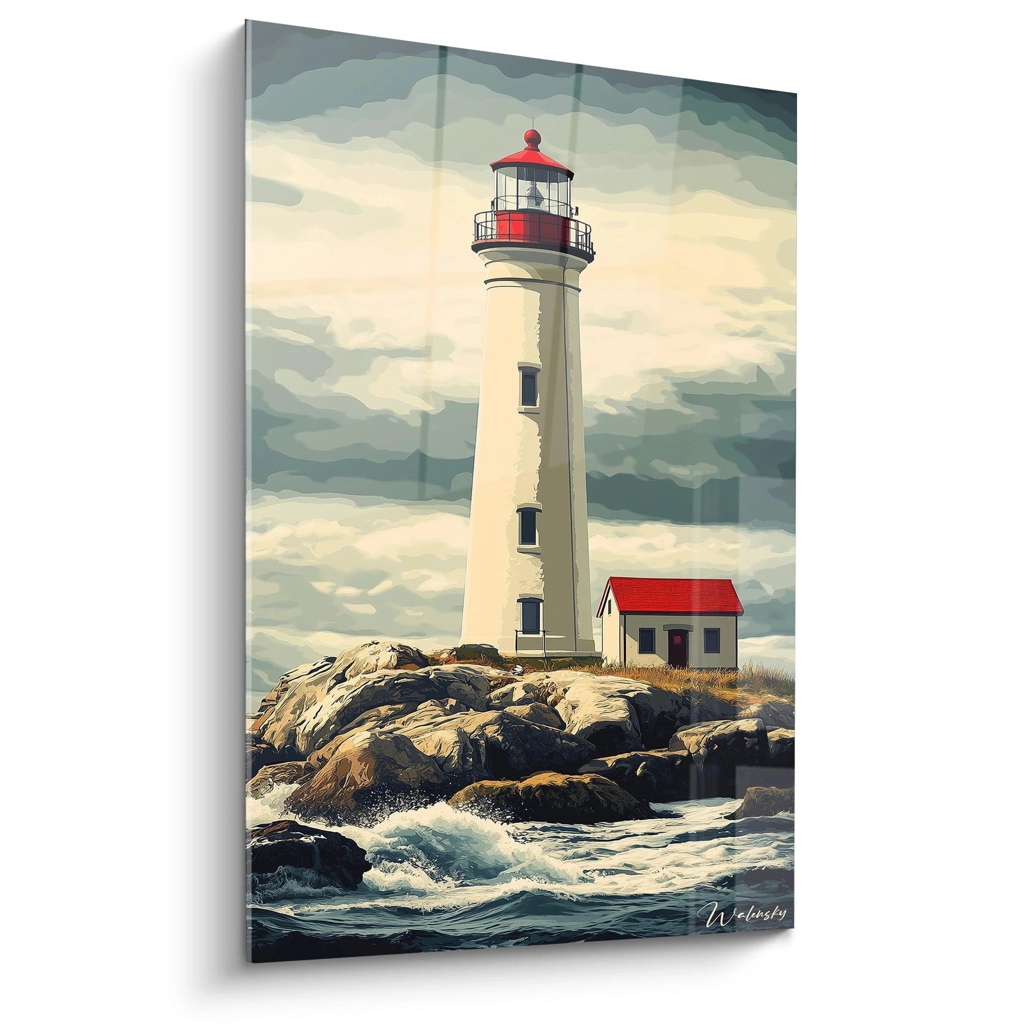 Un tableau phare reprĂ©sentant une structure blanche et rouge sur un rocher entourĂ© dâune mer agitĂ©e, sous un ciel nuageux gris et beige. Texture lisse du phare contrastant avec lâeau en mouvement.