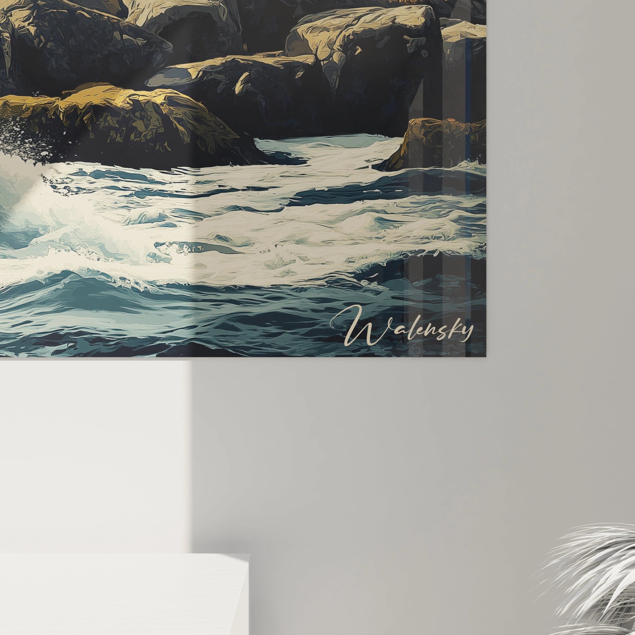 Un tableau phare figurant une tour maritime sur un Ăźlot rocheux, entourĂ© de vagues dynamiques et dâun ciel contrastĂ©. Teintes principales : blanc, rouge et bleu, avec des effets de profondeur nuageuse.