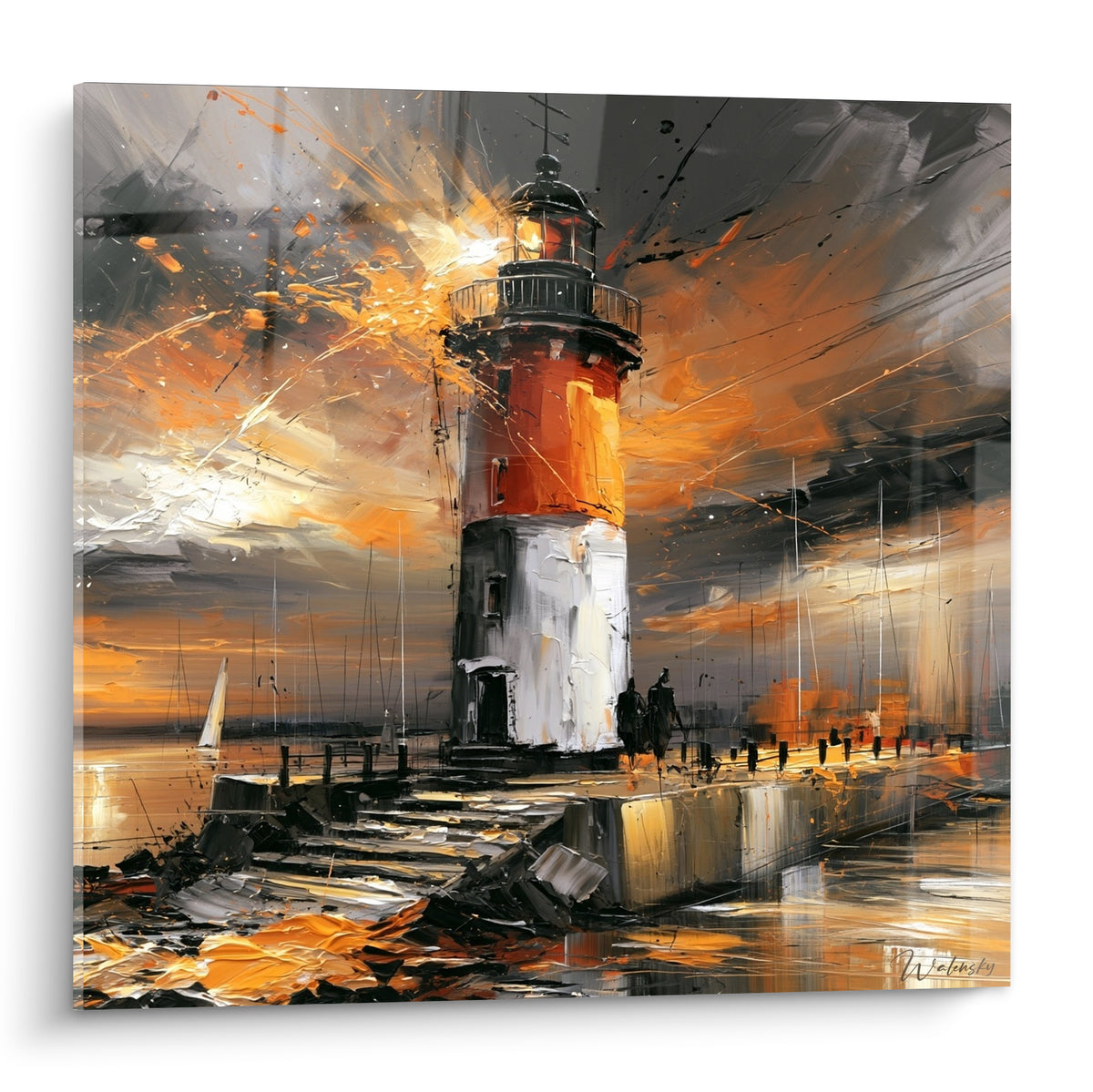 Phare orange et blanc dominant une jetée grise sous un ciel embrasé d'étincelles dorées