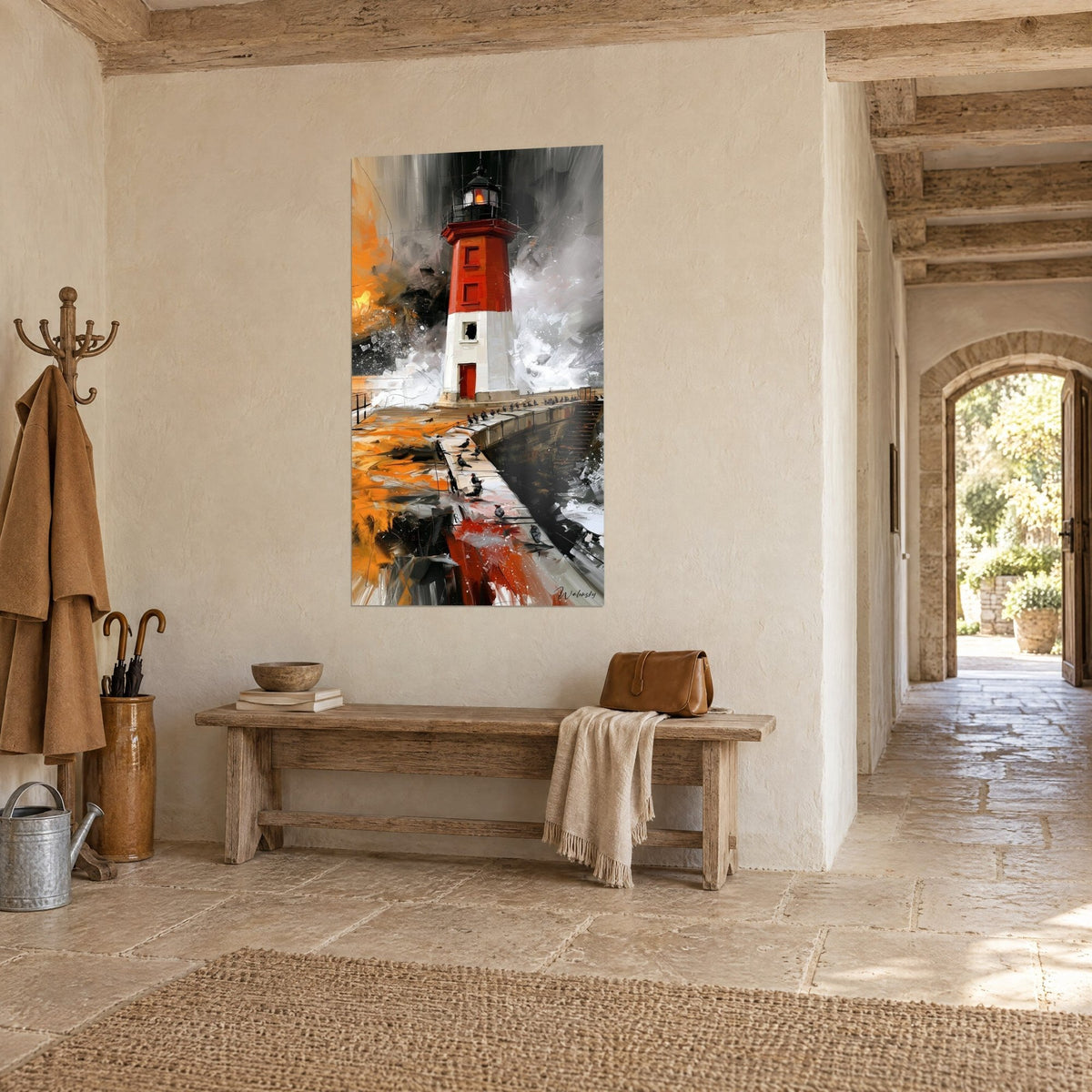 Wall art vermilion and white signal tower, grey foaming wave, orange glints, in an entrance hall of pale stone