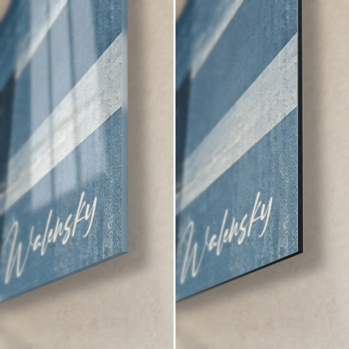 Wall art lighthouse in cream and slate blue, bottom right corner: glossy acrylic glass on the left, matte Dibond aluminium on the right, 3 mm edge