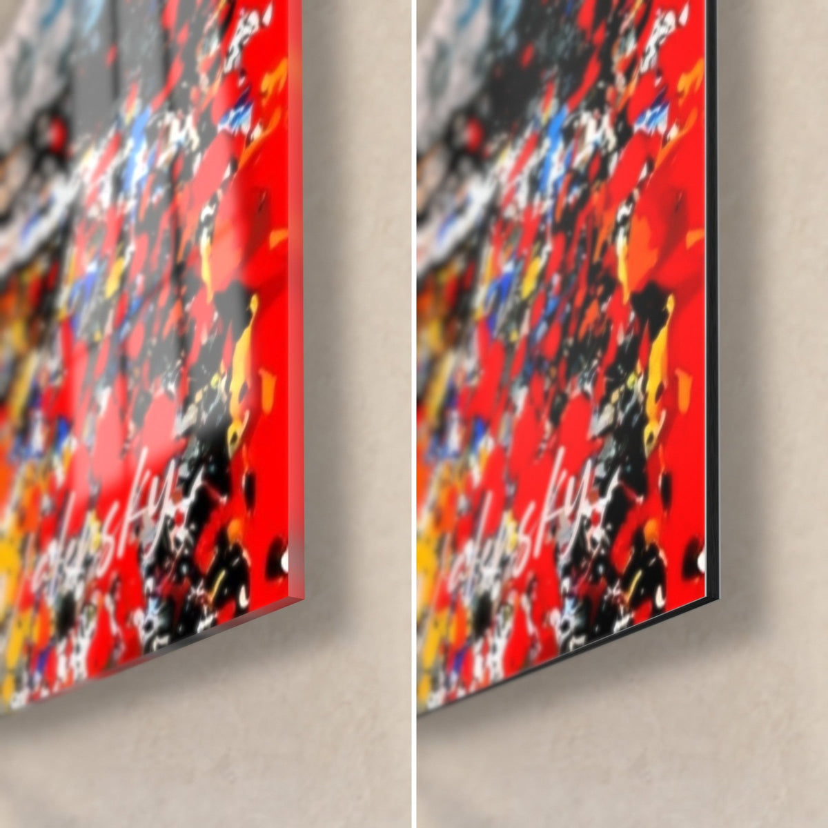 Tableau phare écarlate, coin bas droit : verre acrylique brillant à gauche, alu Dibond mat à droite, tranche de 3 mm