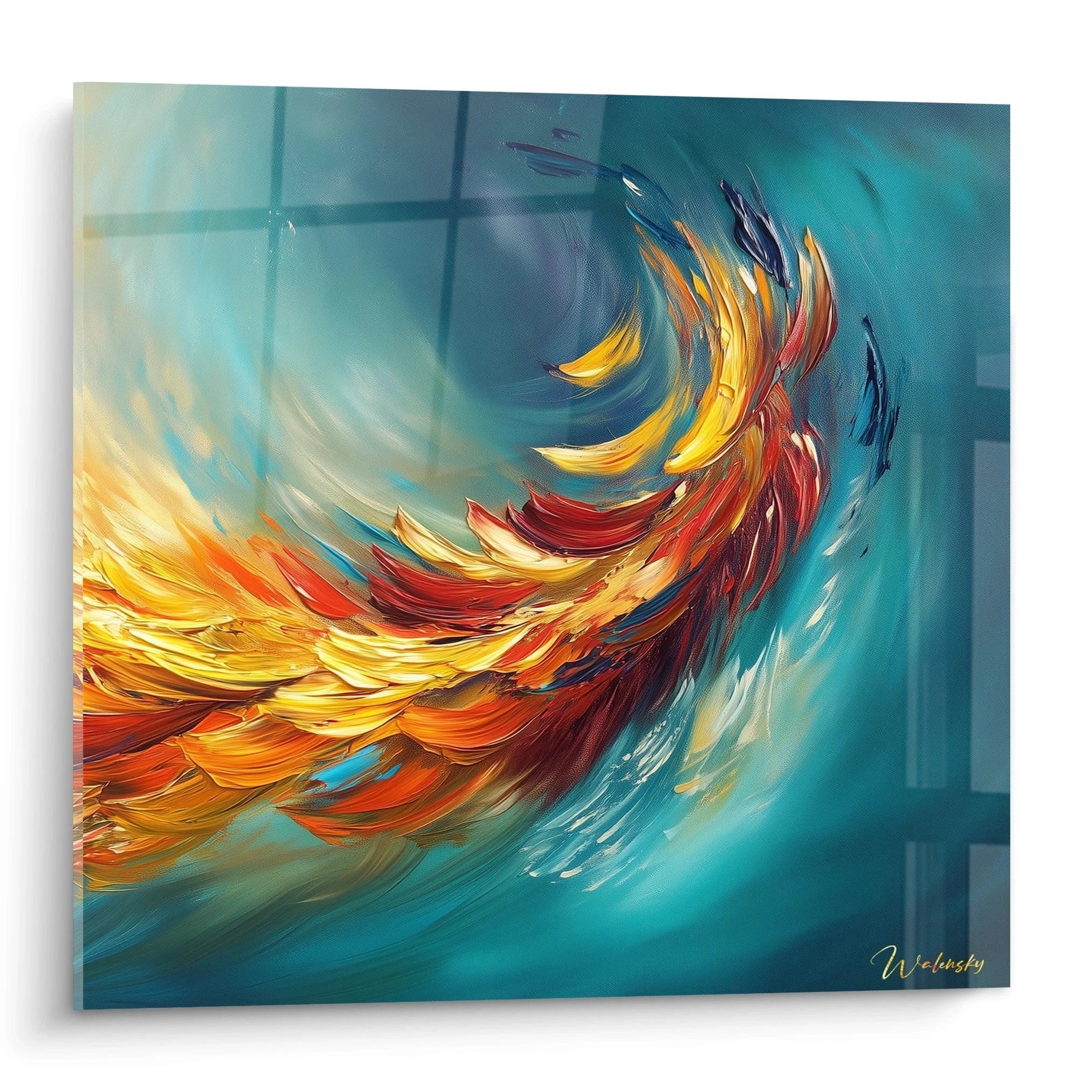 Tableau moderne abstrait de Walensky avec des couleurs vives et des formes fluides sur fond bleu