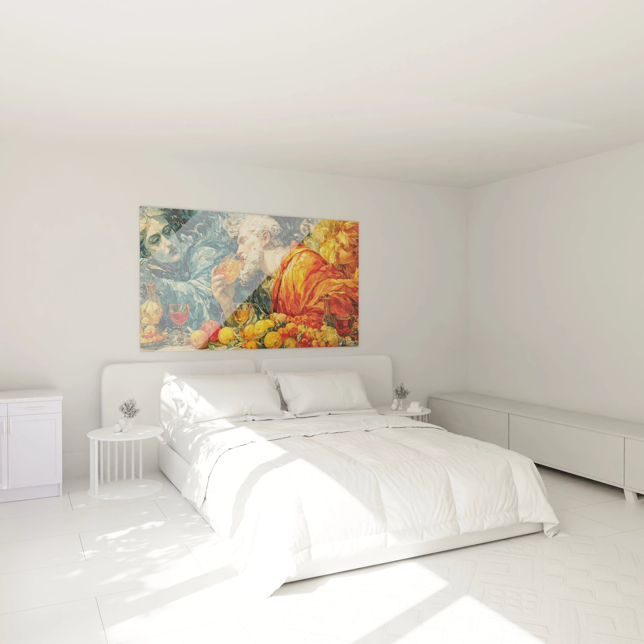 tableau mural art renaissance Walensky accroché au dessus d un lit blanc dans une chambre minimaliste et lumineuse