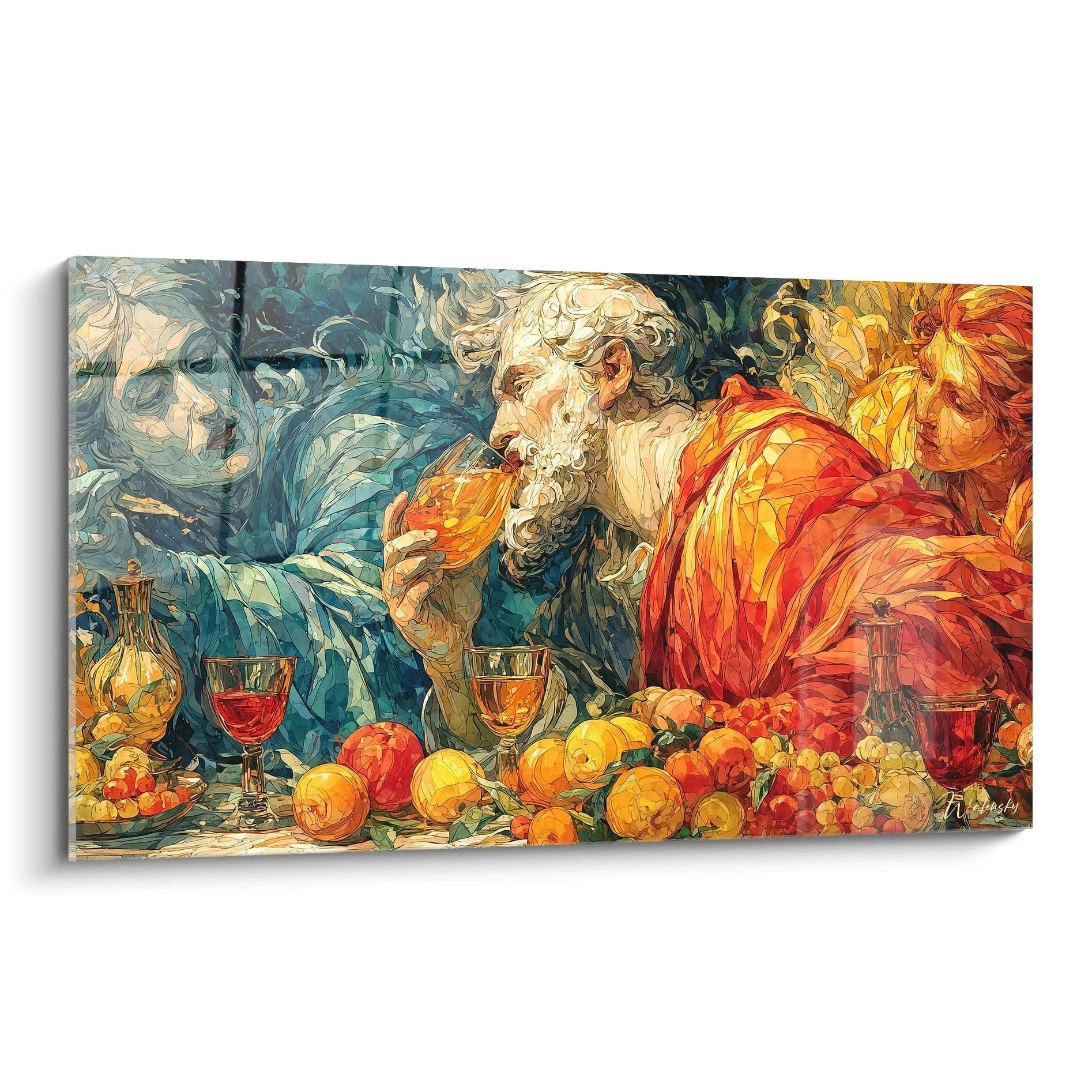 Walensky tableau mural art renaissance représentant un banquet baroque avec homme barbu buvant du vin verres et fruits colorés