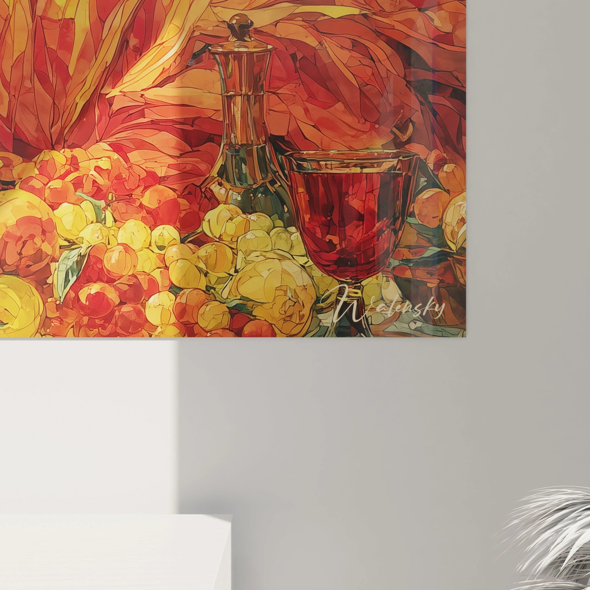 tableau mural art renaissance Walensky représentant une nature morte colorée avec raisins carafe et verre rouge