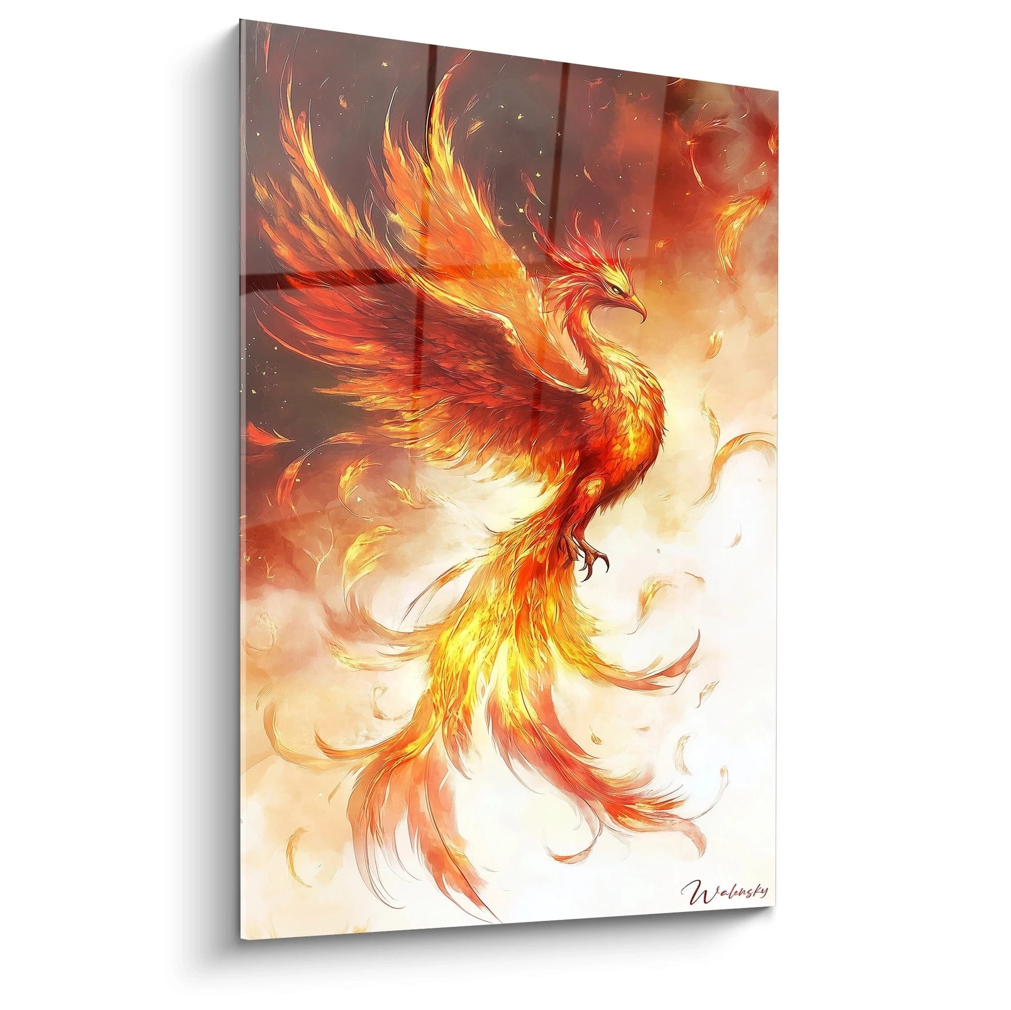 Un tableau phénix représentant un oiseau stylisé formé par des flammes tourbillonnantes. Dominance de rouge vif, orange lumineux et jaune éclatant avec structure ascendante. Texture visible avec traits de pinceau superposés créant effet de mouvement dynamique.