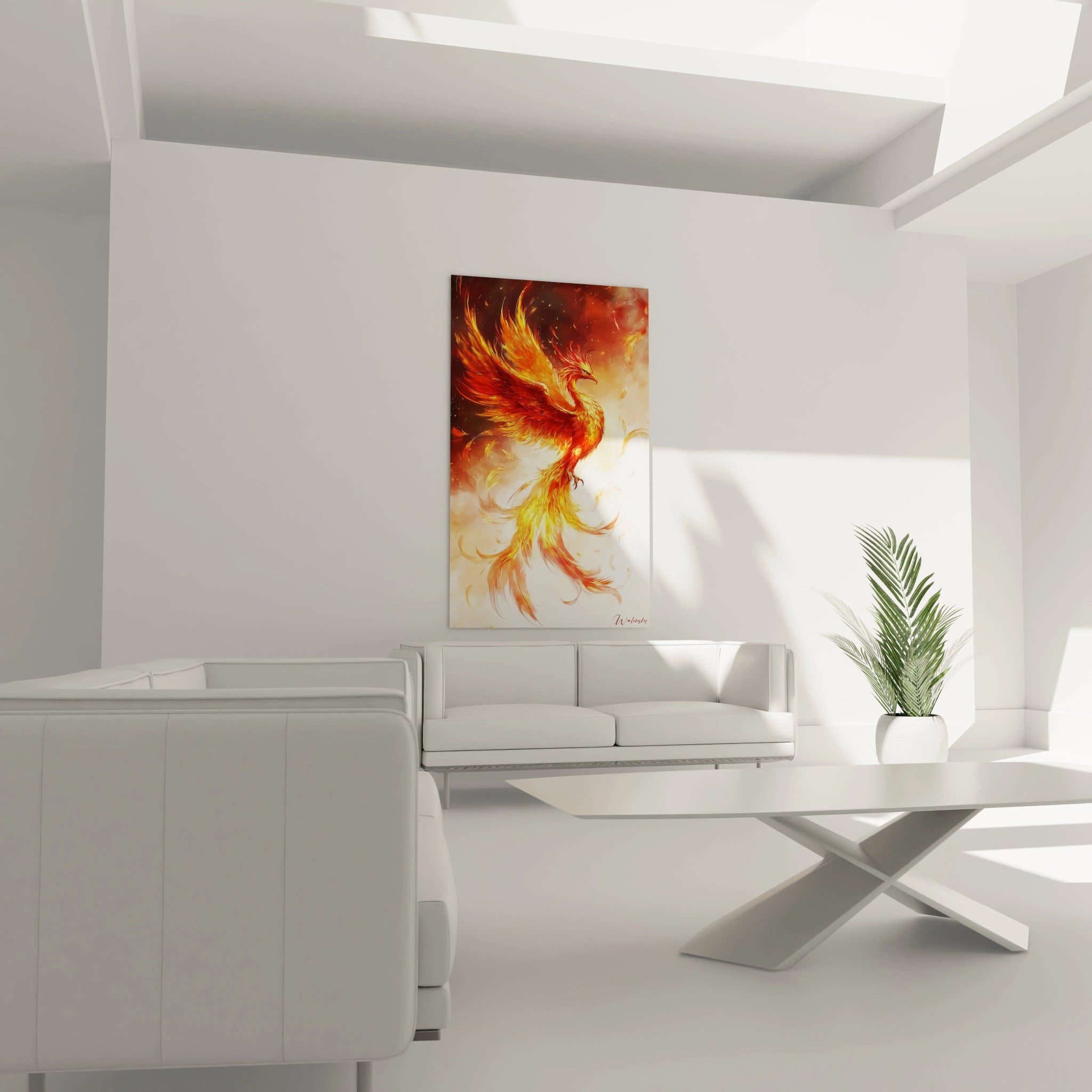 Un tableau mythologique illustrant un phénix aux ailes déployées. Palette chromatique limitée au rouge intense, orange flamboyant et jaune lumineux. Lignes fluides et dynamiques suggérant un mouvement ascendant. Effets de transparence et superposition créant profondeur.