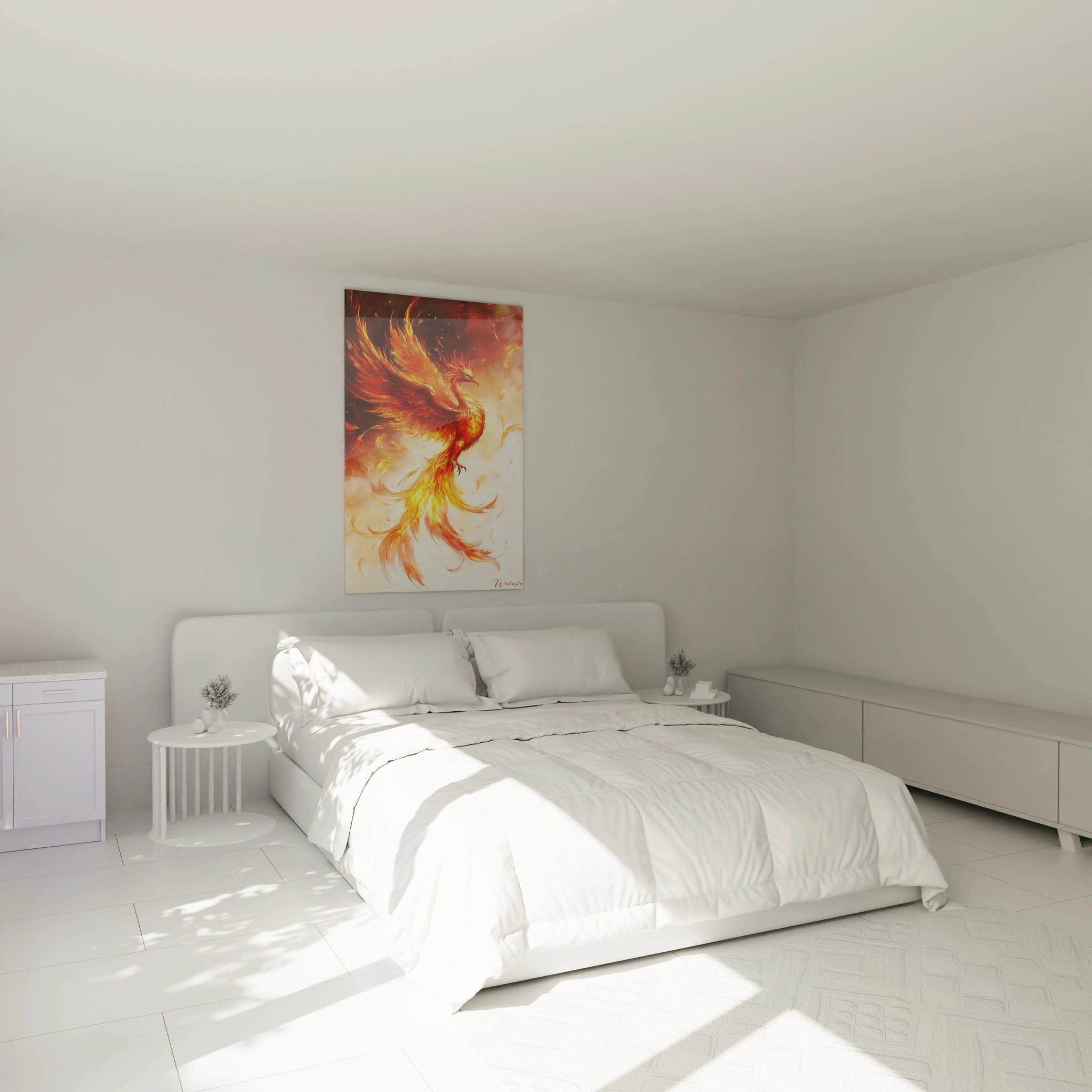 Un tableau oiseau de feu montrant une silhouette aviaire émergeant de flammes rouges et orangées. Composition asymétrique avec mouvement spiral. Contrastes marqués entre zones lumineuses jaune doré et zones plus sombres rouge profond. Surface texturée avec coups de pinceau visibles.