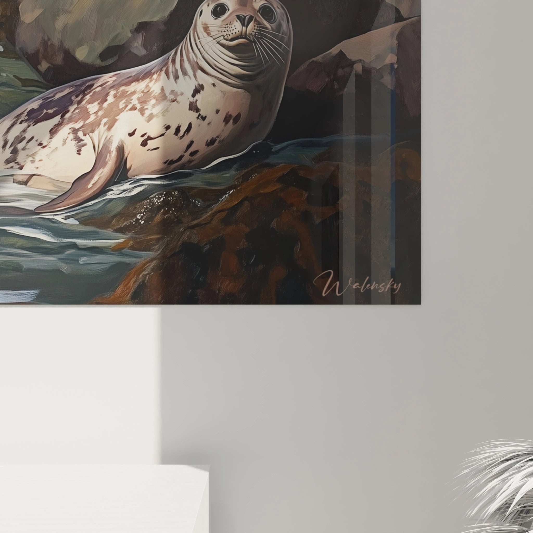 Tableau phoque par Walensky montrant un phoque posé sur des rochers au bord de l'eau