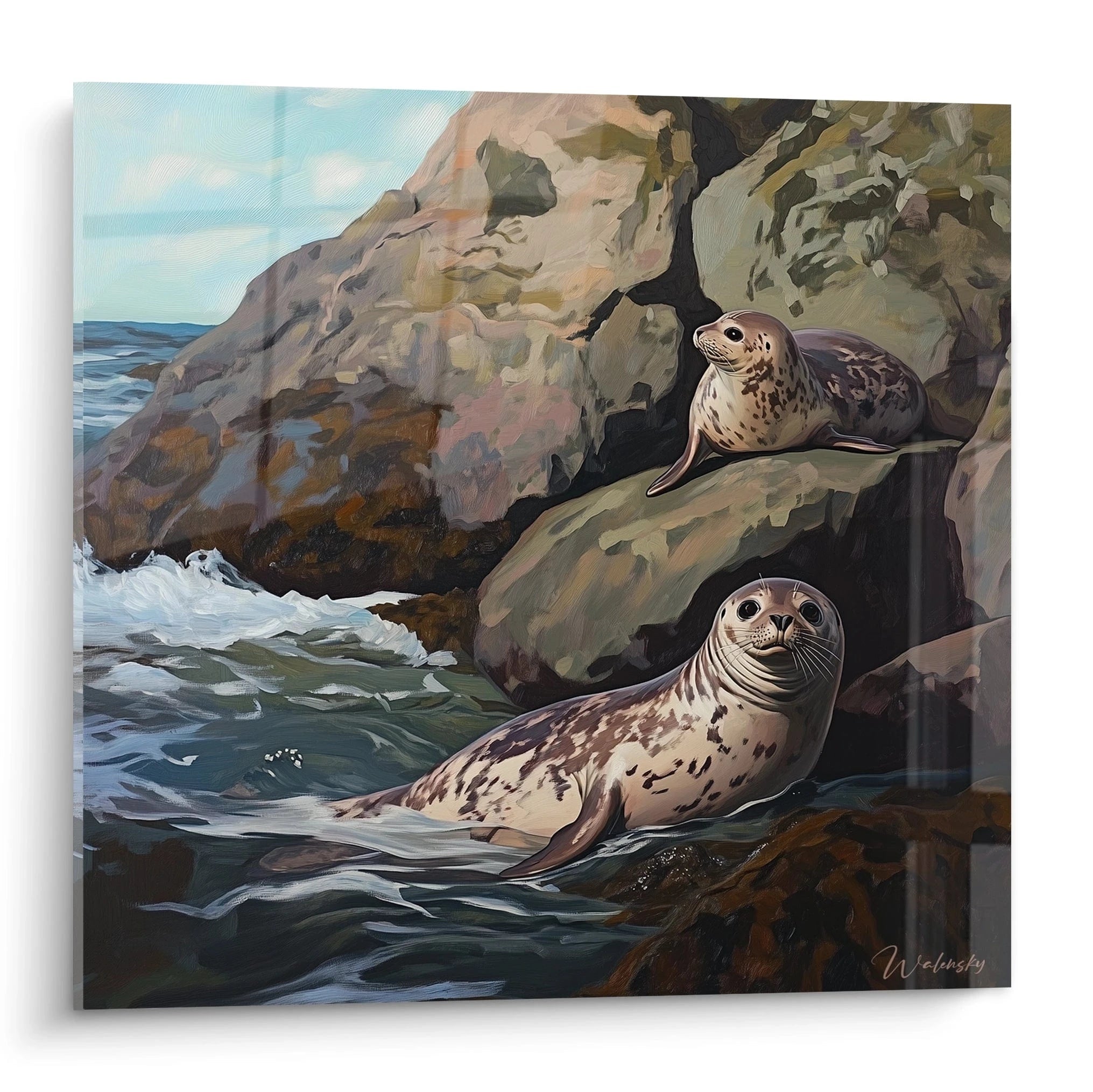 Tableau Walensky représentant deux phoques sur des rochers au bord de la mer avec vagues en mouvement