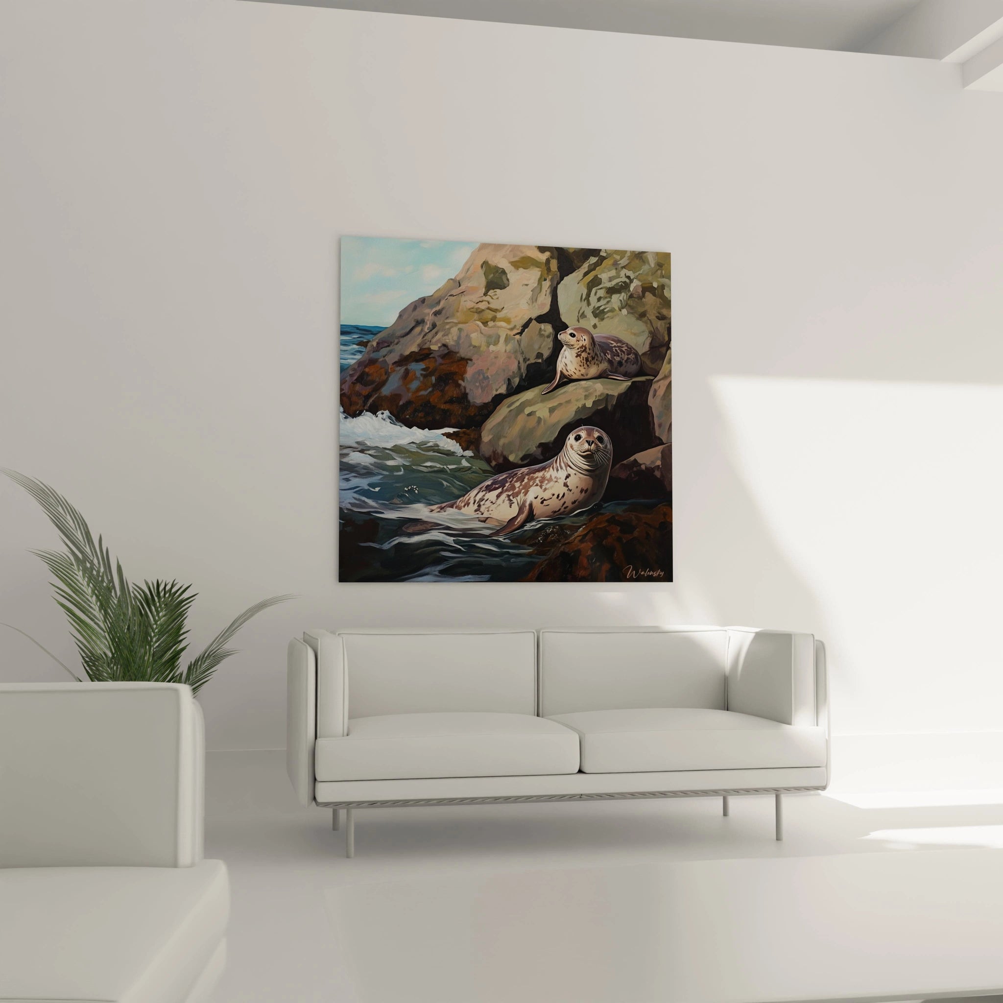 Tableau phoque de Walensky représentant deux phoques sur des rochers au bord de l'océan dans un salon moderne