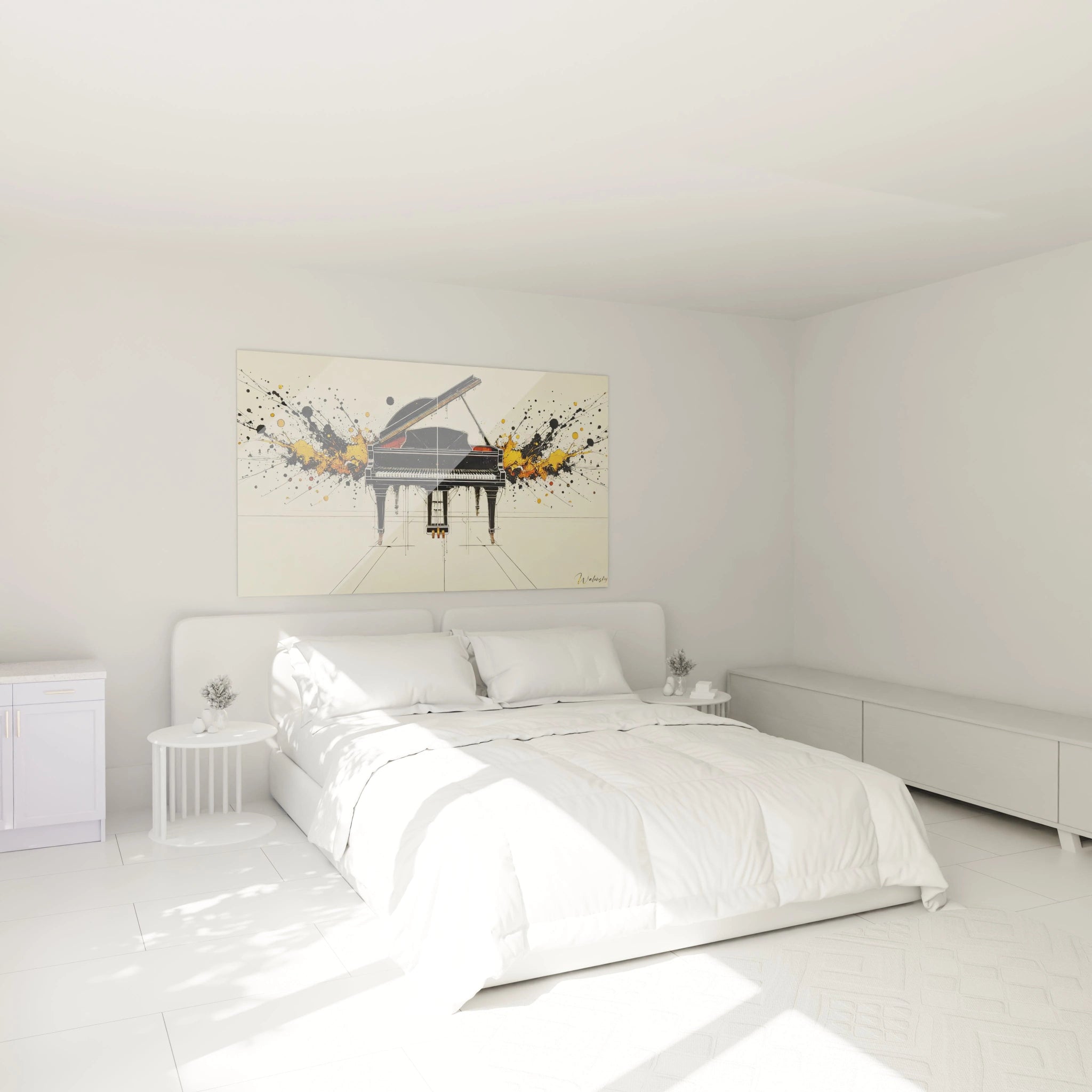 Vue rapprochĂ©e dâĂ©claboussures orange autour dâun piano, capturant lâĂ©nergie musicale dans un style abstrait.