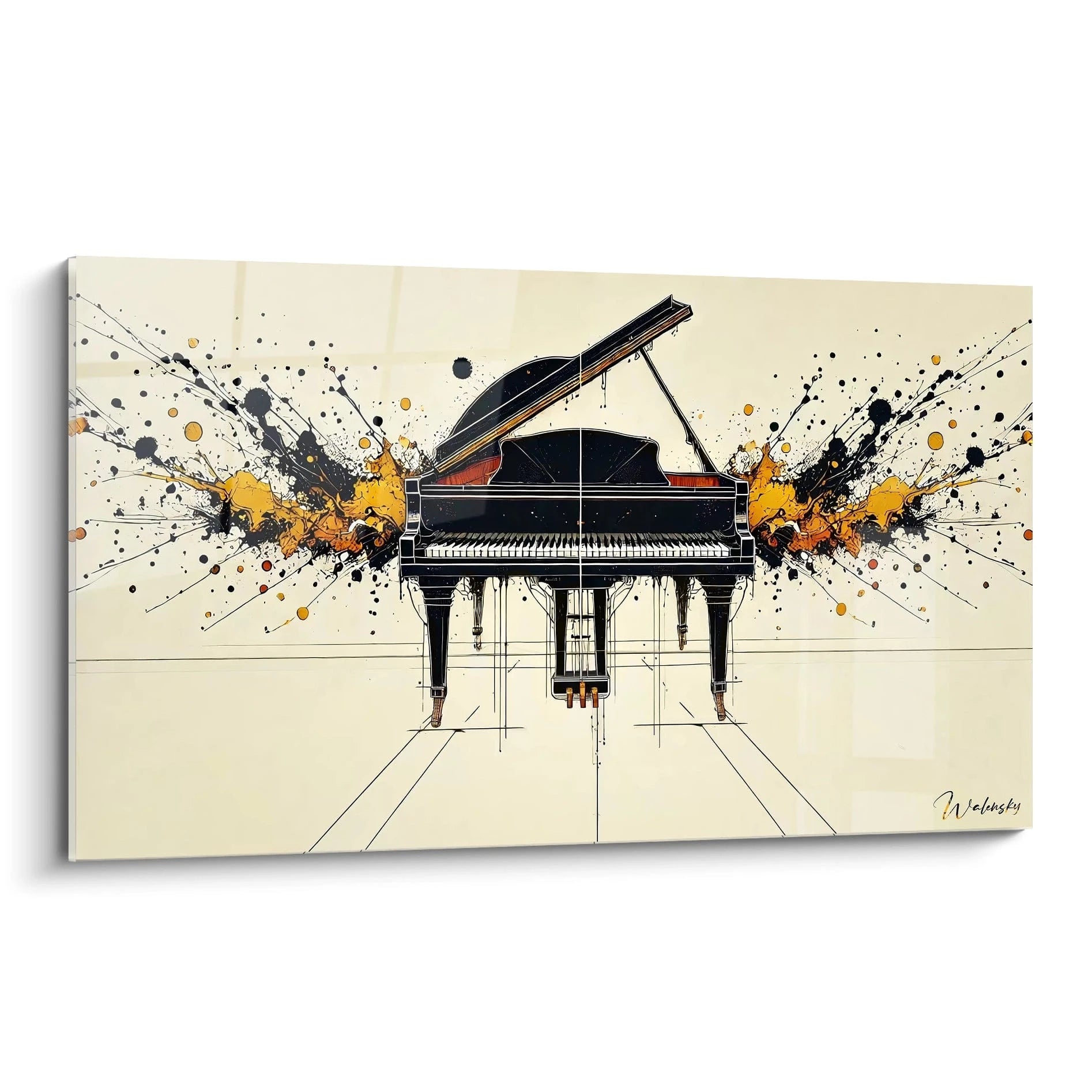 Un piano noir vibrant au cĆur dâun tableau musique abstrait, entourĂ© dâĂ©clats dynamiques orange et jaune.