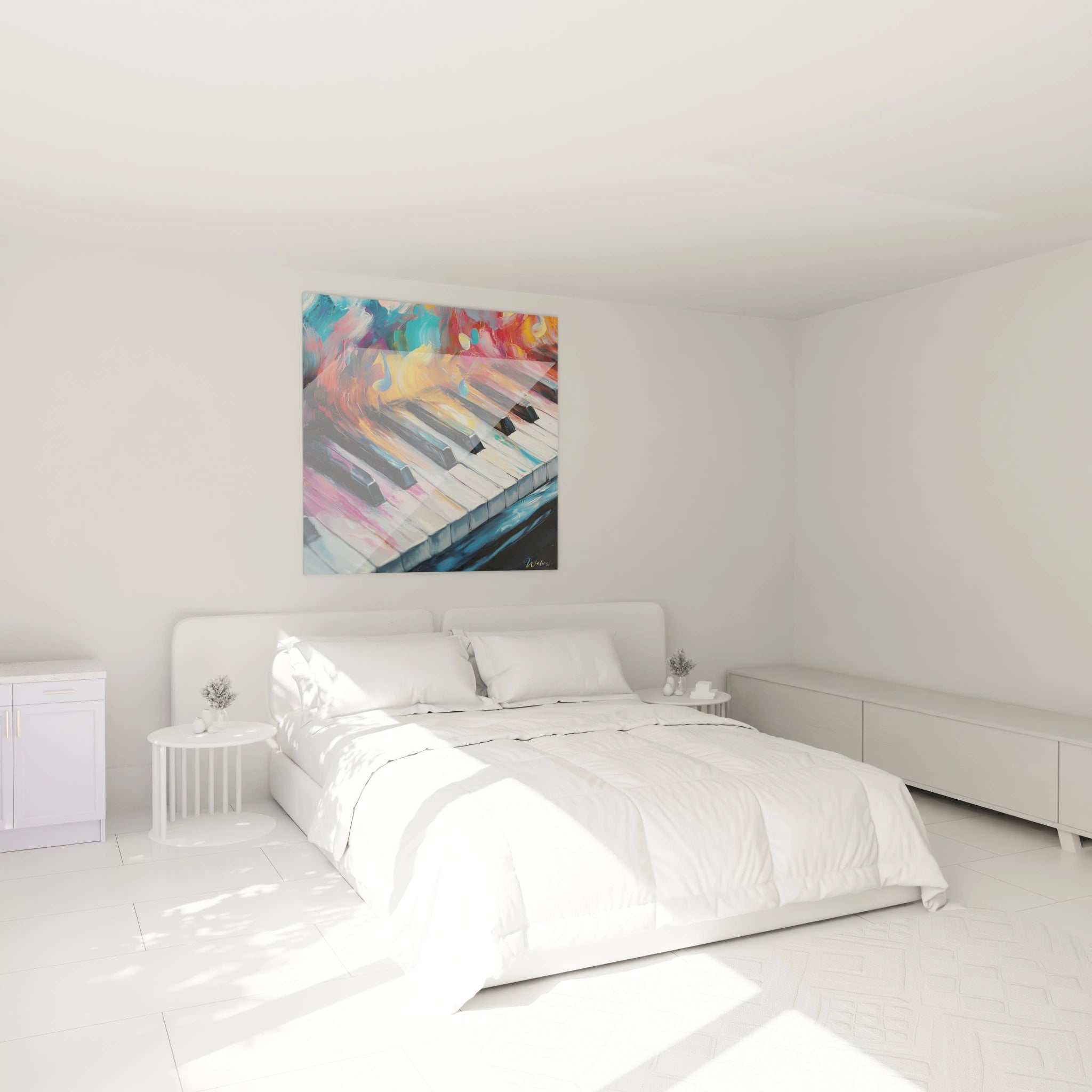 Un tableau représentant un clavier de piano en perspective avec des touches blanches et noires détaillées, surmonté d'éclaboussures multicolores fluides en bleu, jaune et rouge, créant un contraste entre structure géométrique et expression libre.