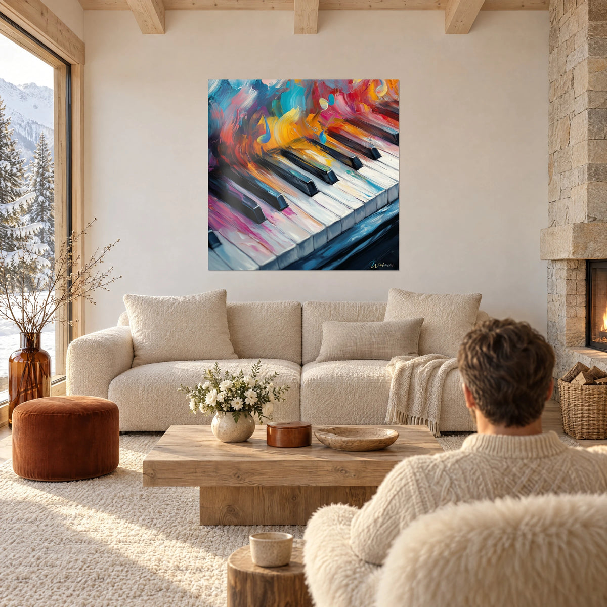 Tableau clavier de piano aux touches blanches et noires, éclaboussures orange et turquoise, au-dessus d'un canapé dans un salon lumineux