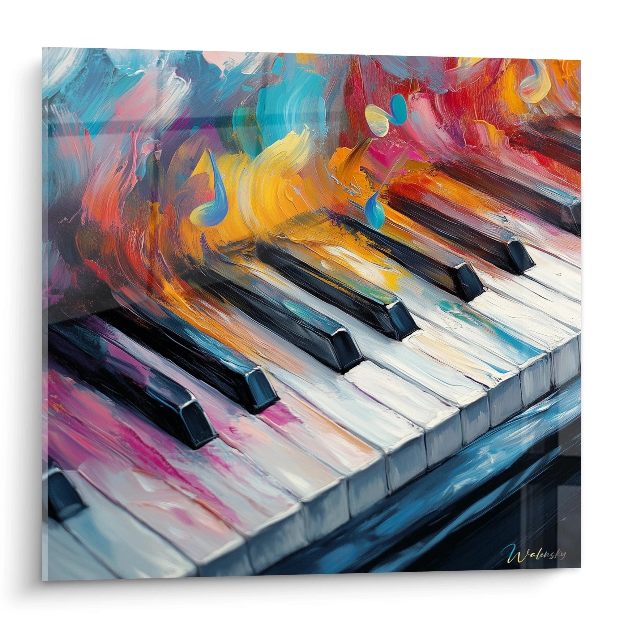 Un tableau piano artistique présentant des touches noires et blanches d'où jaillissent des explosions de couleurs vives - bleu, orange, jaune et rose - avec une texture épaisse et des coups de pinceau expressifs créant un effet de mouvement musical.