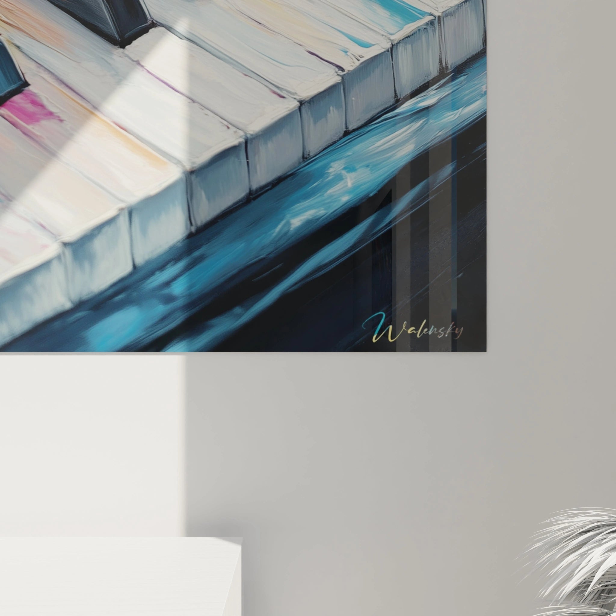 Un tableau expressionniste d'un piano avec clavier blanc et noir en premier plan, duquel émergent des vagues colorées fluides en bleu, rose et orange, rendues avec des textures prononcées et des transitions chromatiques délicates.