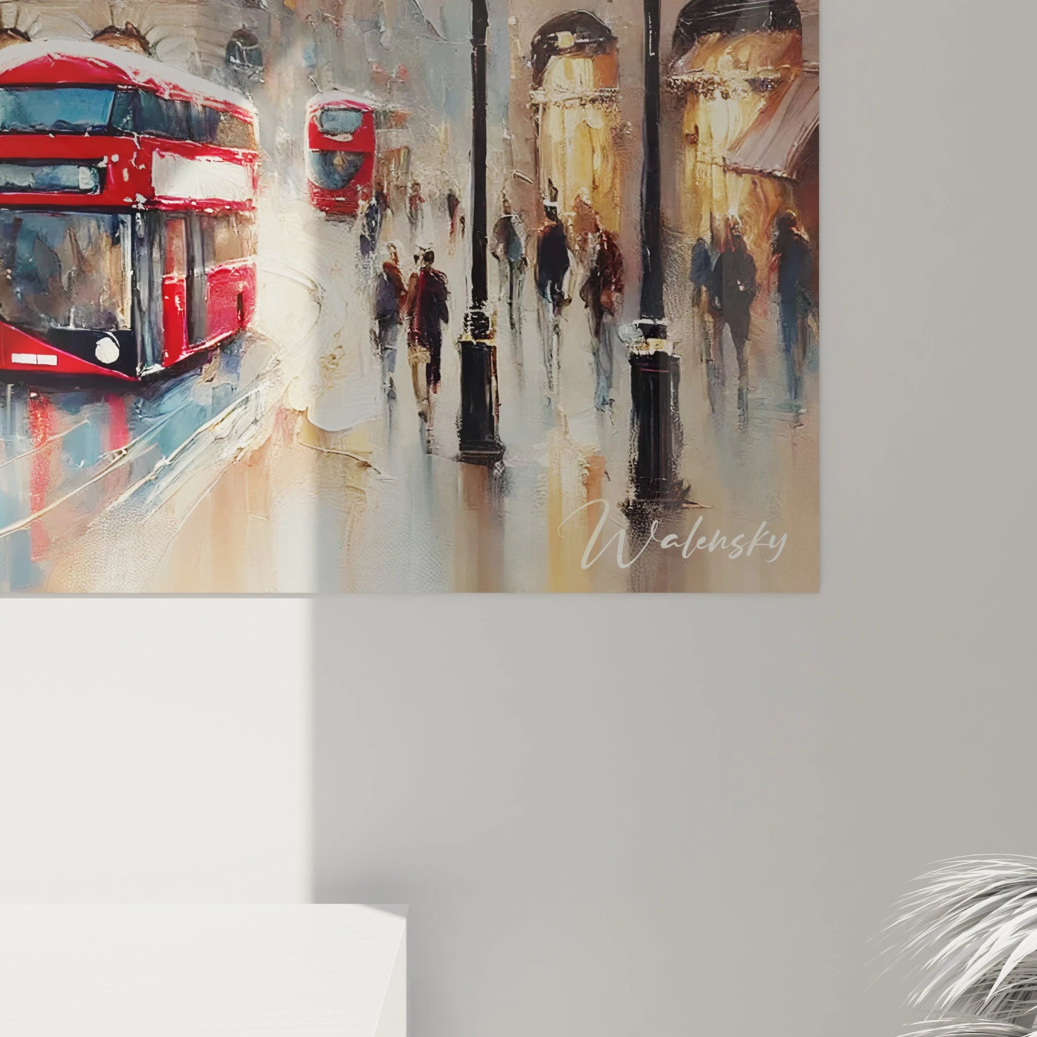 Vue rapprochée tableau Piccadilly Circus dévoile des détails subtils : textures granuleuses, reflets lumineux et tons harmonieux. Un hommage unique à la vibrance et à l’élégance de Londres.