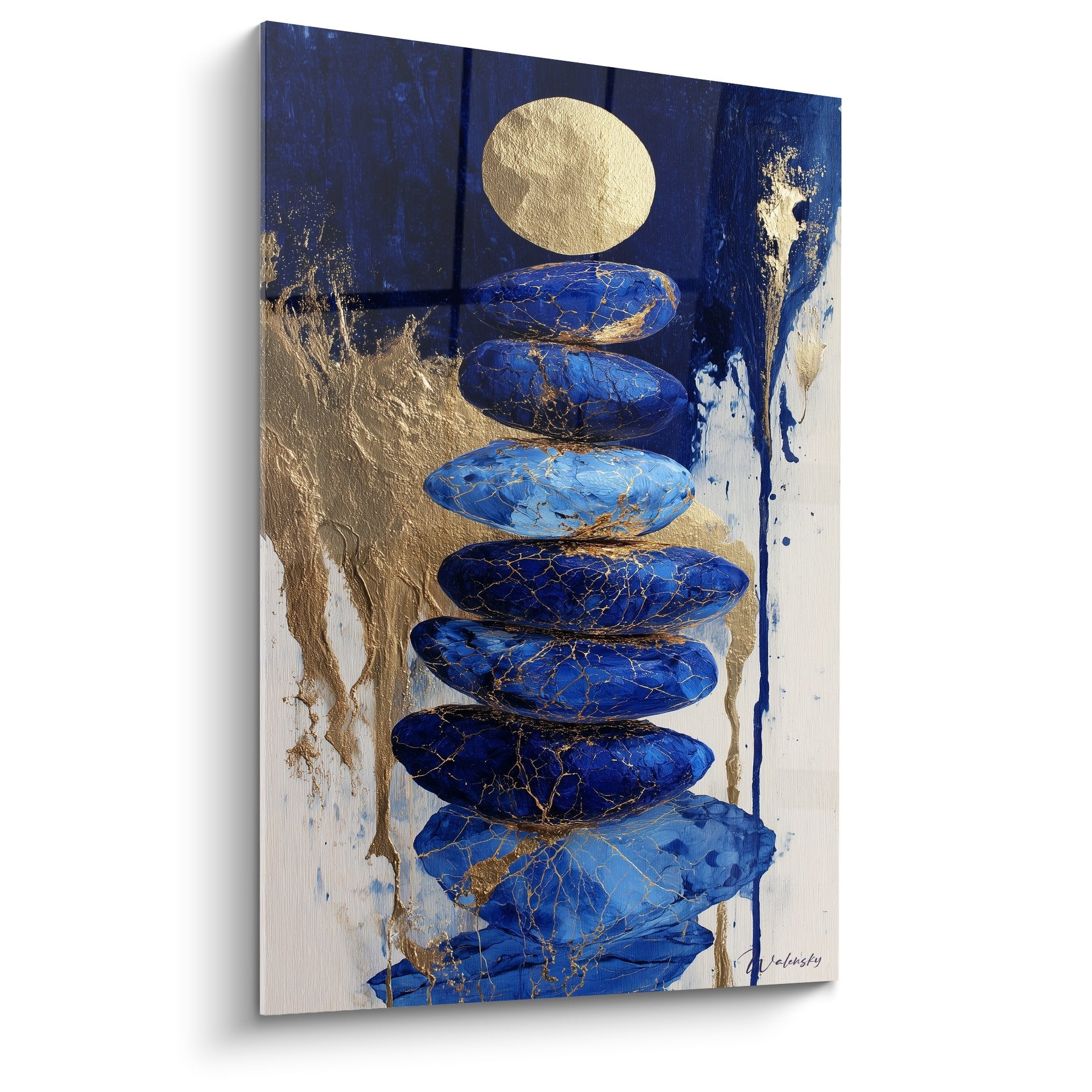 Tableau pierres bleues empilées lune dorée fond bleu abstrait feng shui nord eau art contemporain zen