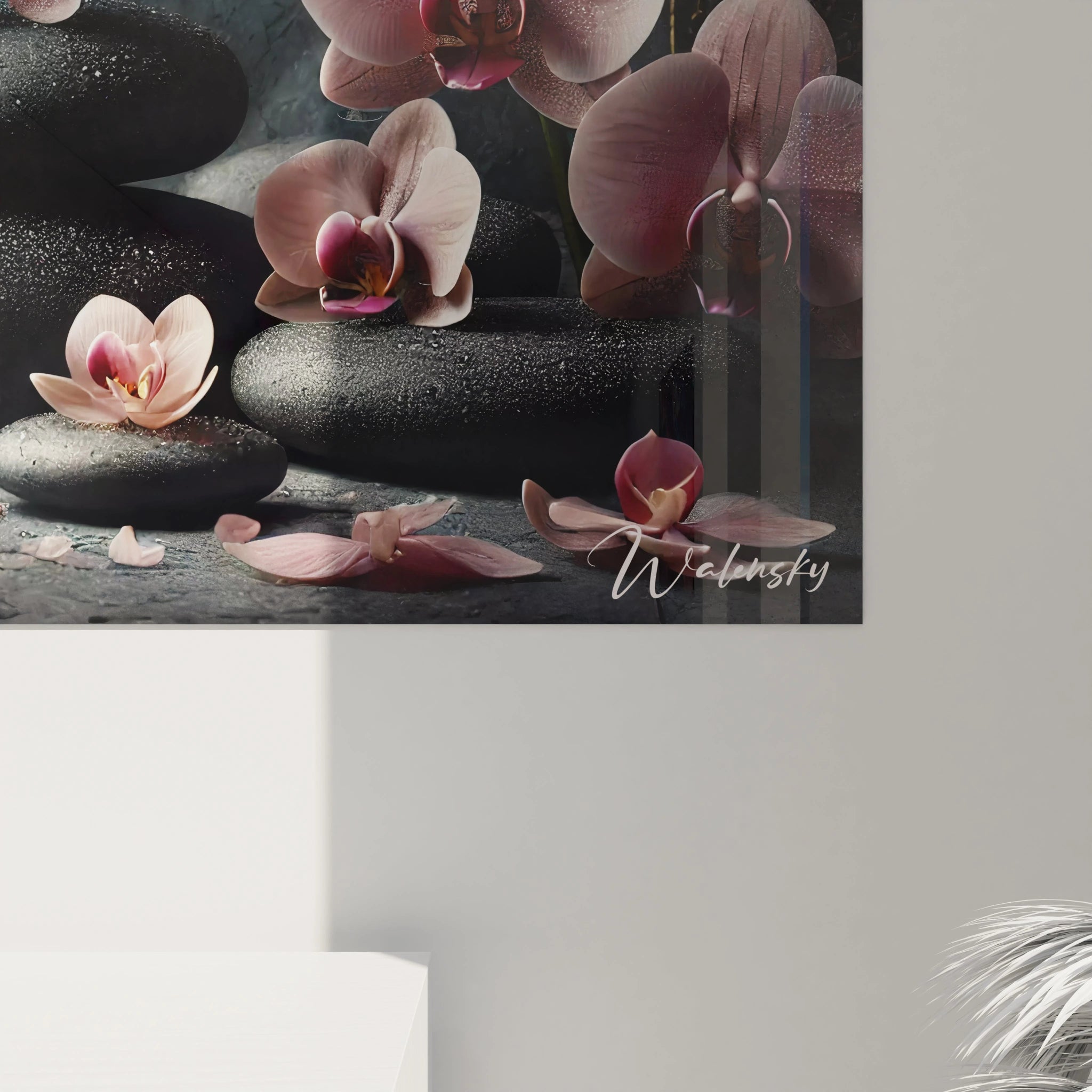 Une vue rapprochée du tableau feng shui révèle les détails réalistes des galets et orchidées, capturant la beauté naturelle et une énergie apaisante pour votre intérieur.