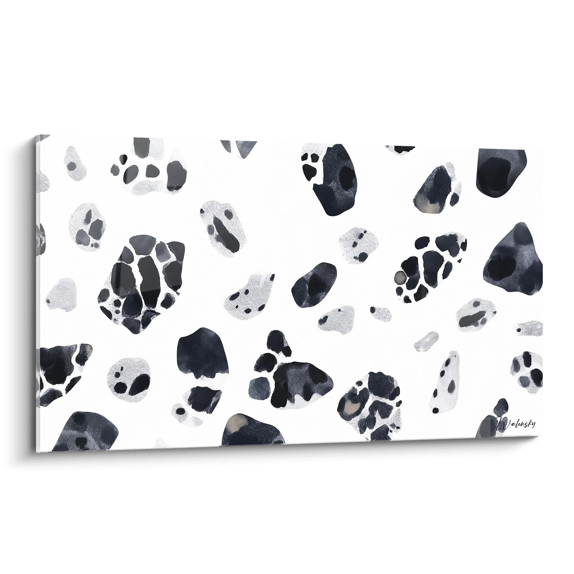 Tableau tacheté noir et blanc de Walensky avec des motifs modernes sur fond blanc