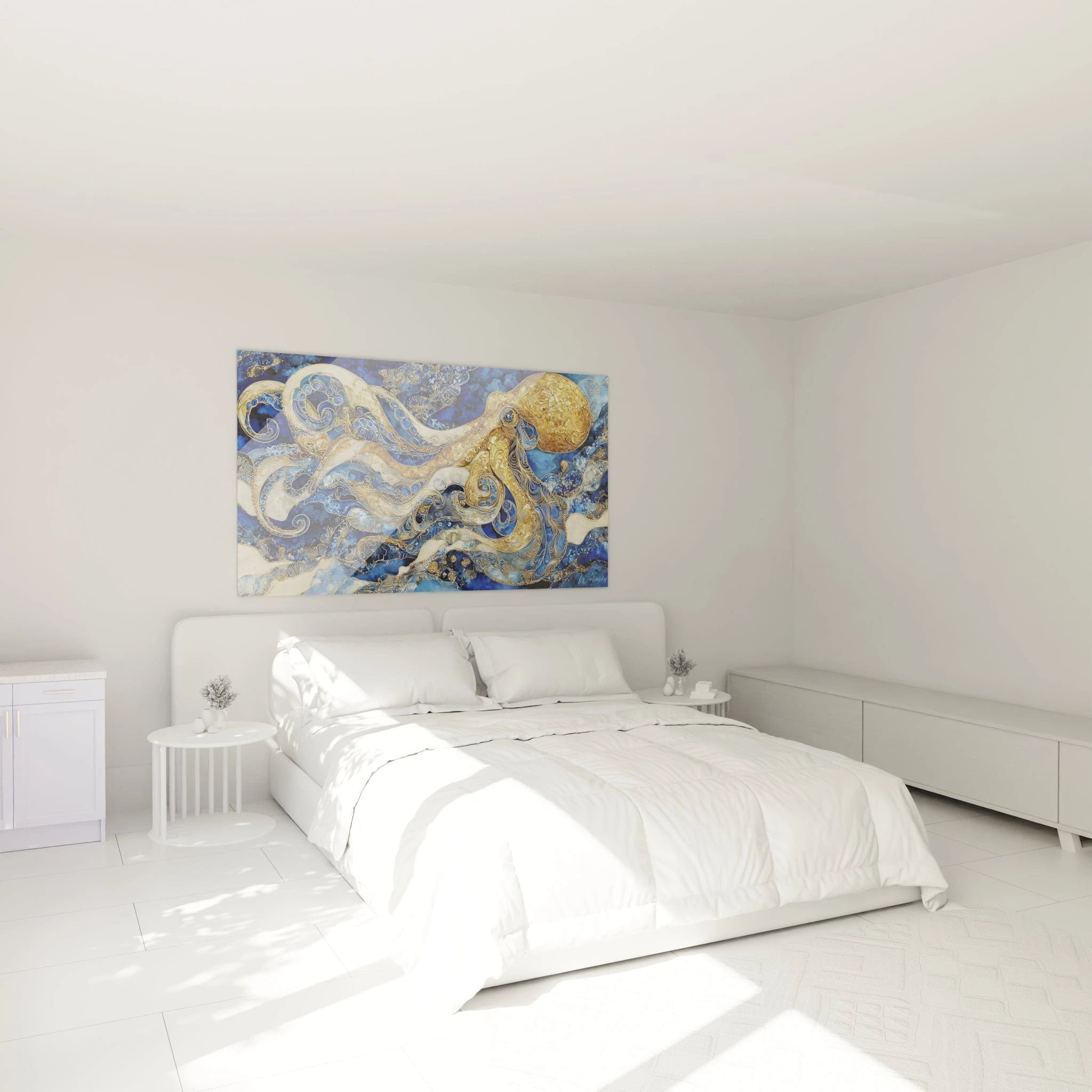 Ambiance chambre avec tableau mural pieuvre dorée - décoration marine sophistiquée kraken