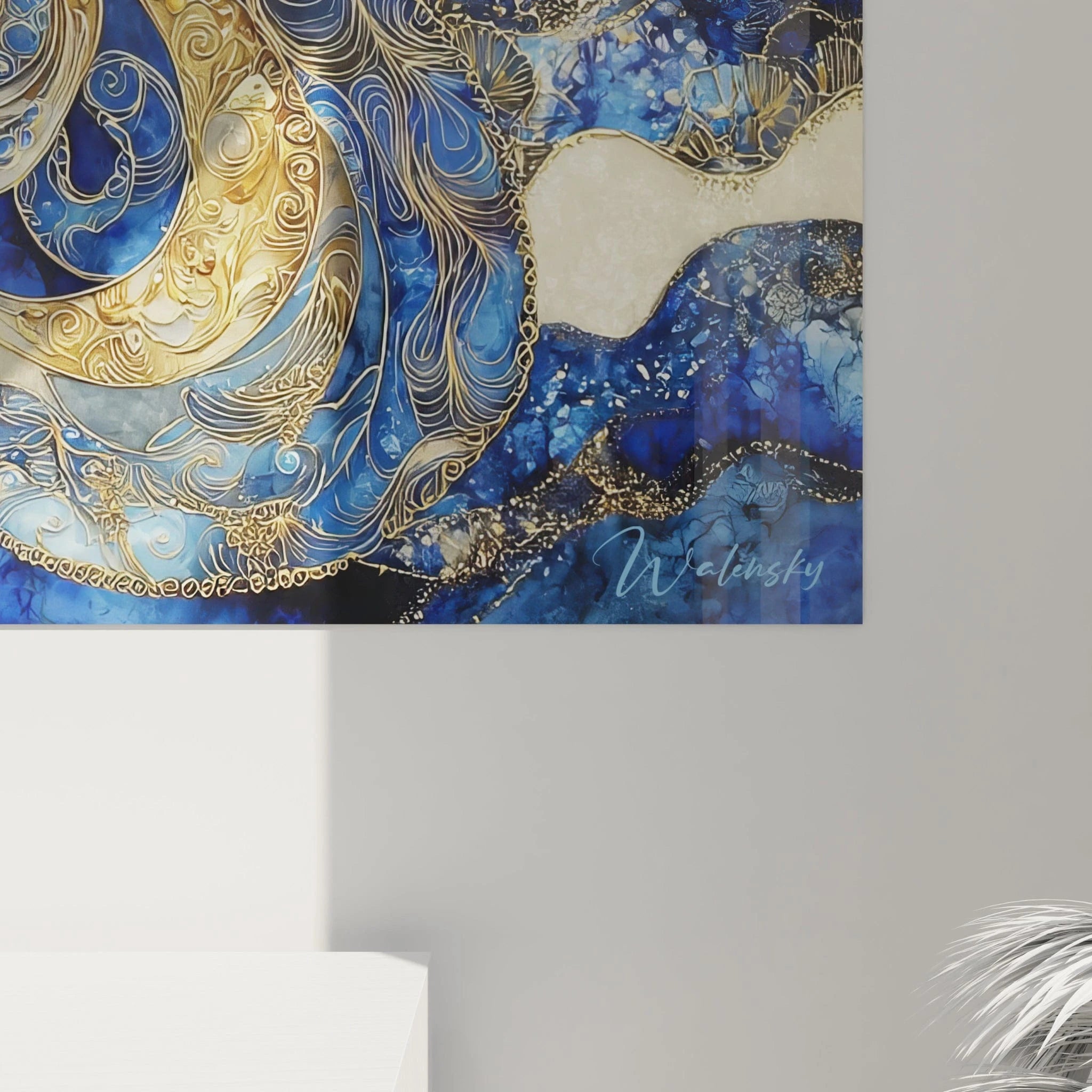 Vue ensemble tableau pieuvre dorée - art mural maritime luxueux édition kraken