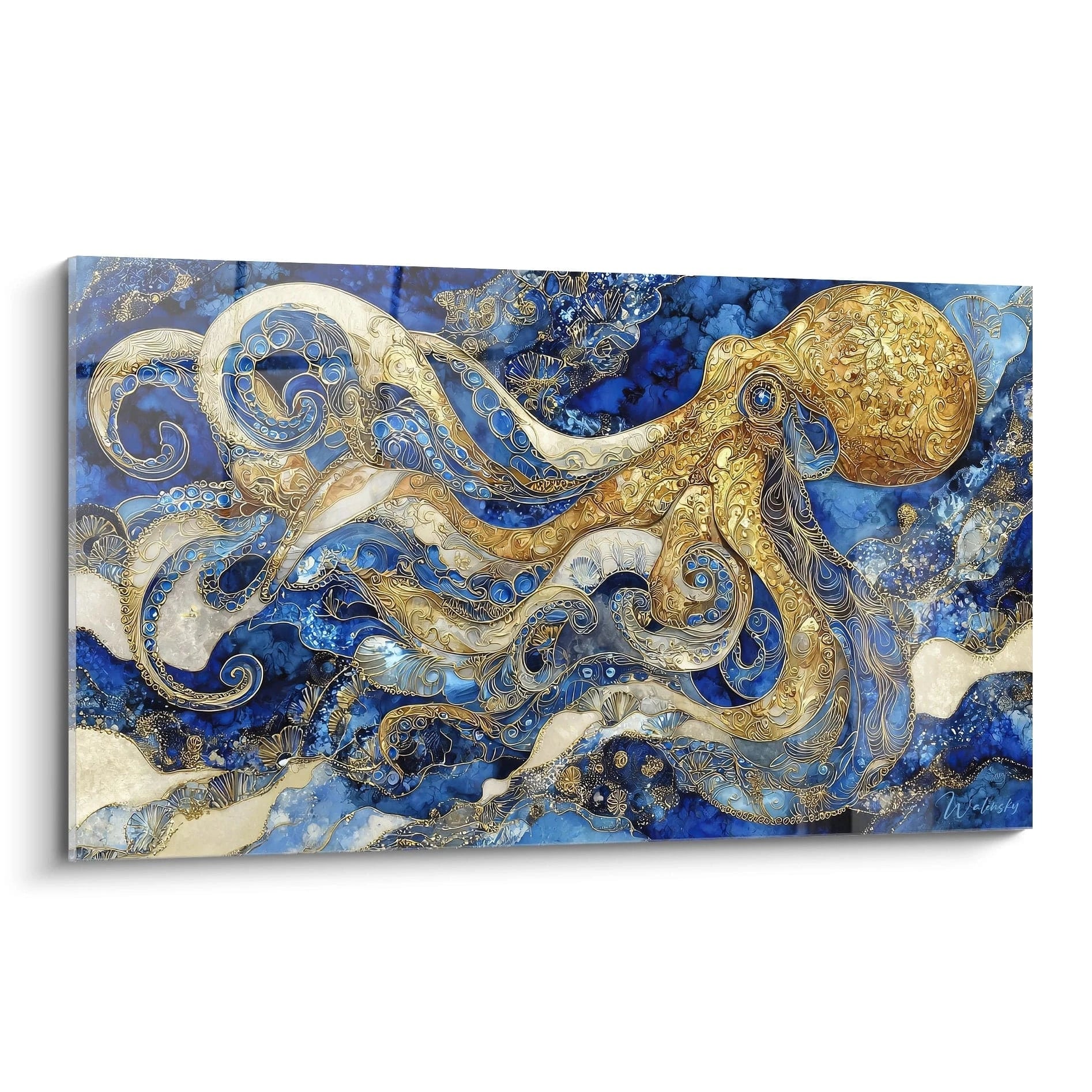 Tableau pieuvre dorée ornementale sur fond bleu marbré - art mural kraken édition premium