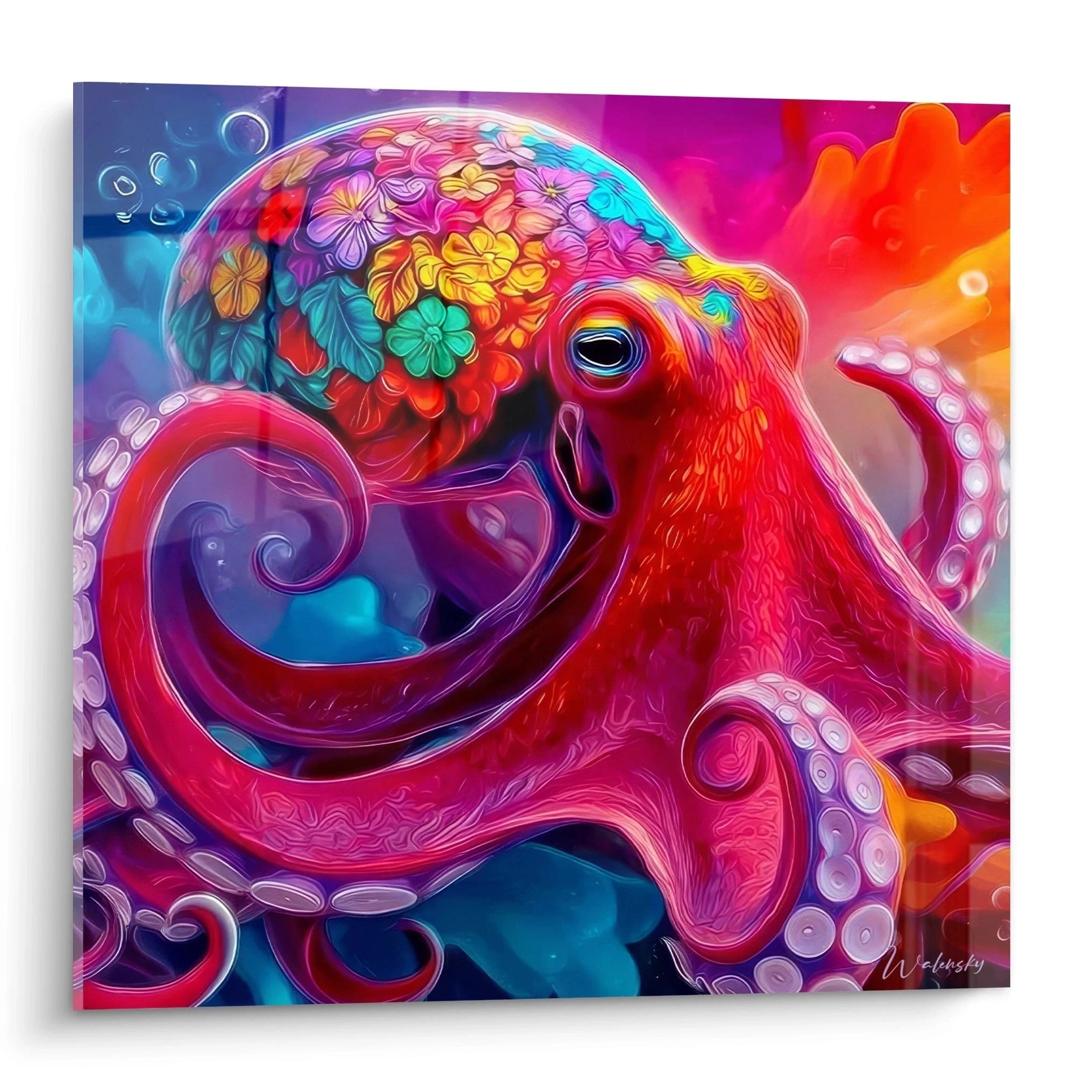 Tableau mural pieuvre psychédélique aux couleurs vives avec motifs floraux édition Kraken décoration océanique