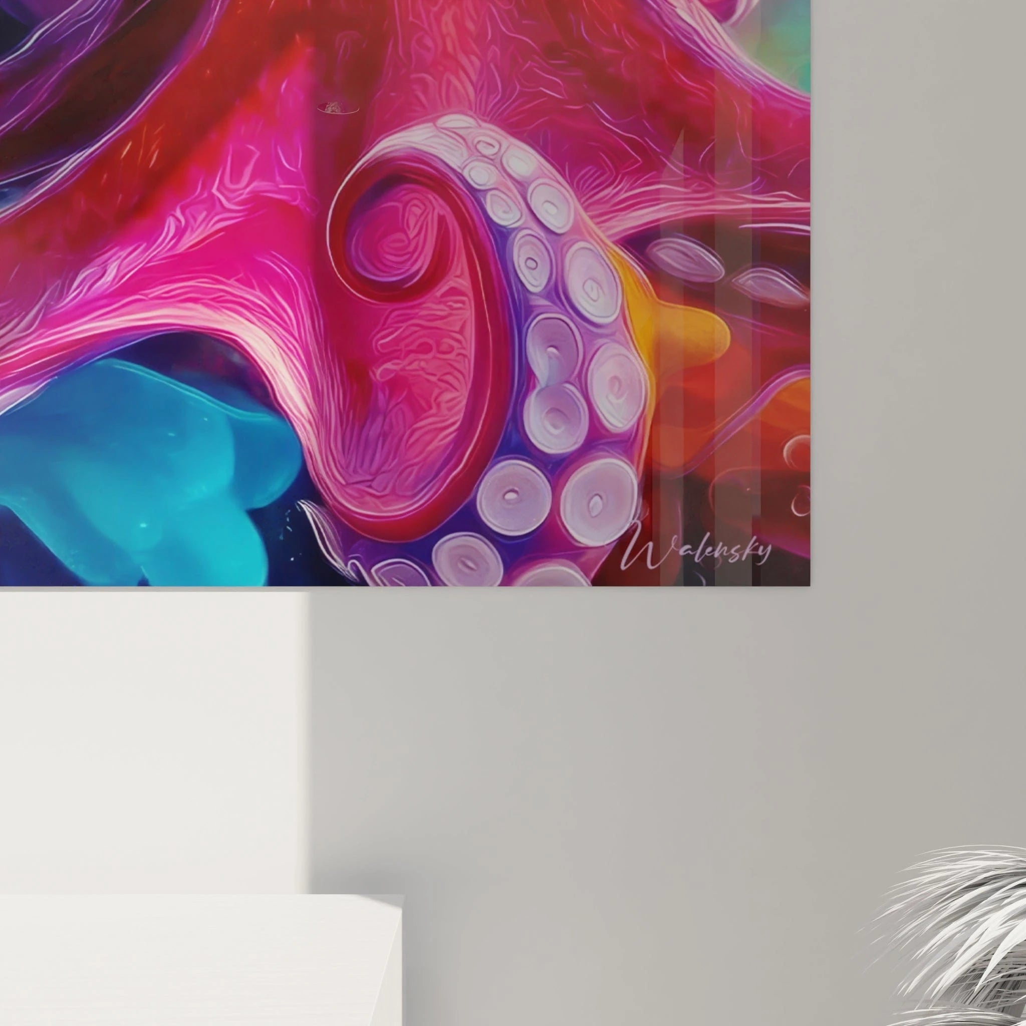 Vue ensemble tableau mural pieuvre psychédélique couleurs vibrantes décoration marine moderne Kraken