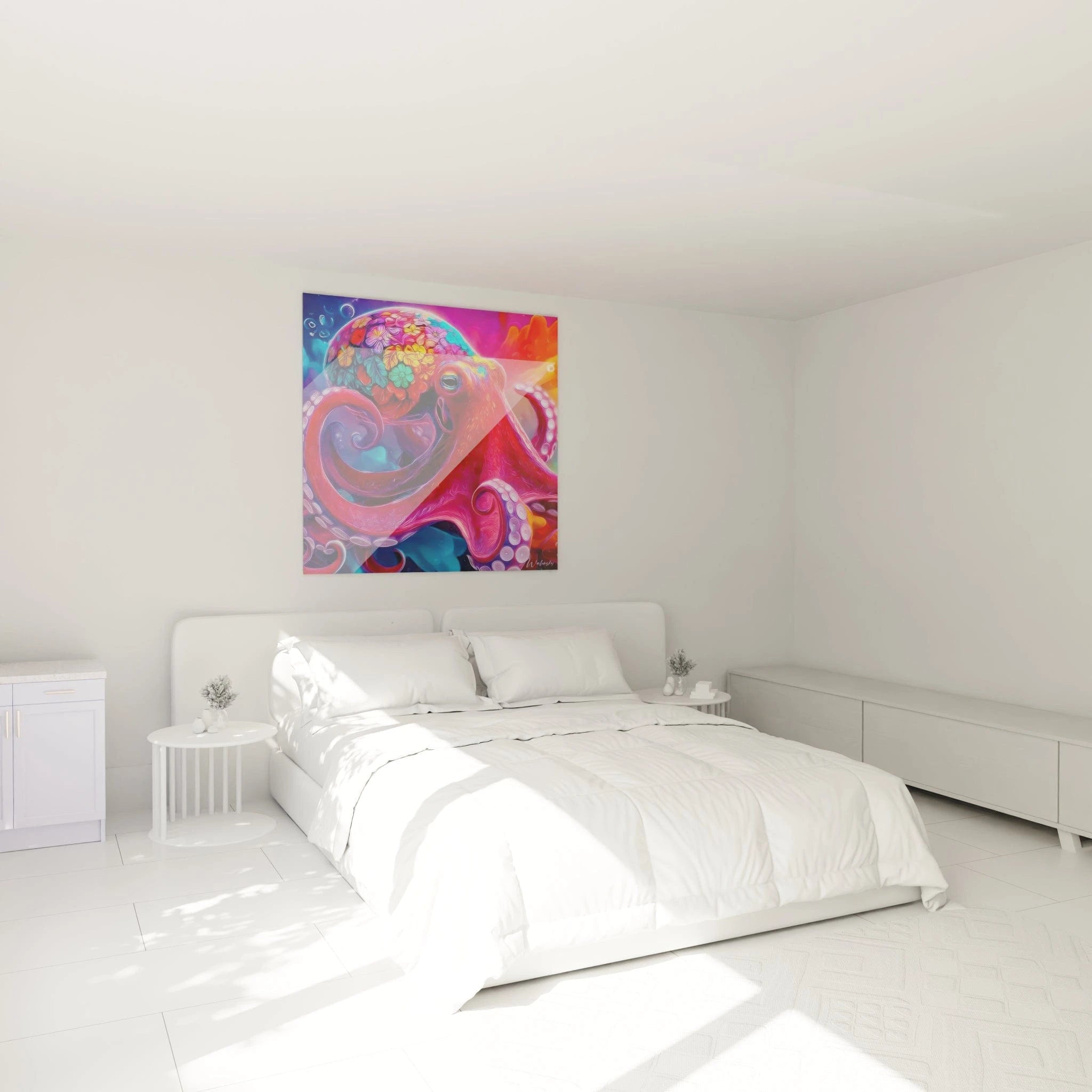 Tableau pieuvre colorée dans ambiance chambre moderne décoration murale marine art psychédélique Kraken