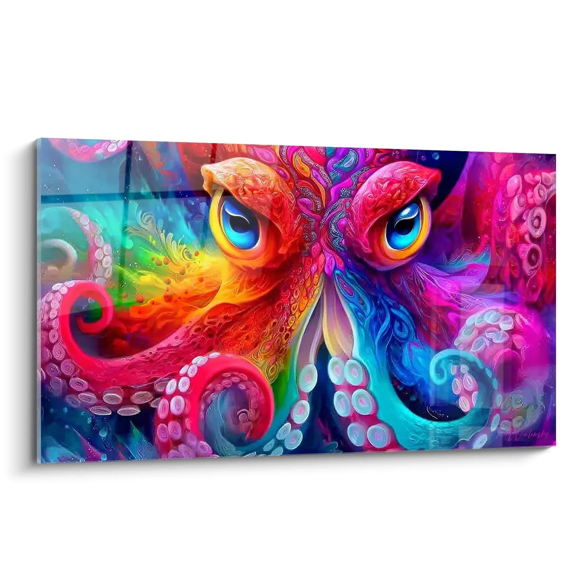 Tableau mural pieuvre psychédélique aux tentacules colorées rouge violet bleu orange avec yeux hypnotiques