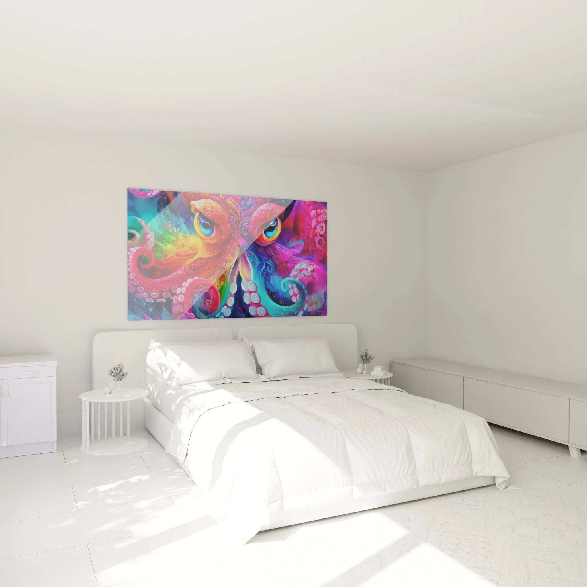 Décoration chambre moderne avec tableau kraken pieuvre colorée aux tentacules psychédéliques