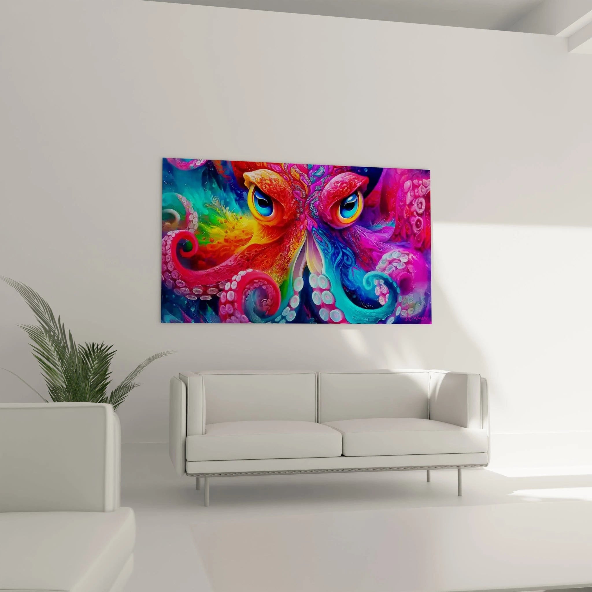 Gros plan détaillé tentacules pieuvre colorées avec ventouses et effets irisés tableau mural