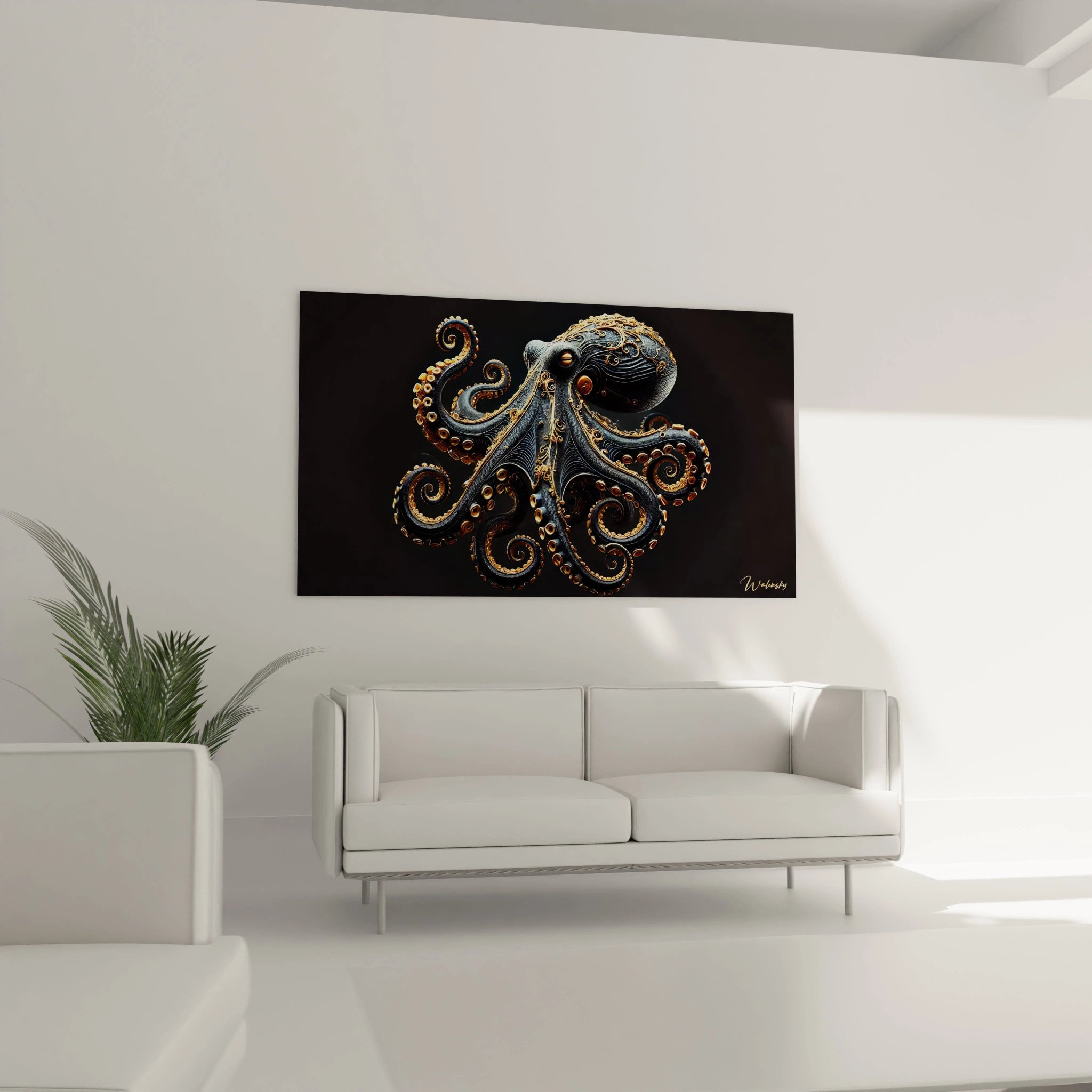 transformez votre salon avec un tableau poulpe accroche au-dessus du canape ses tentacules dores et son fond sombre creent une atmosphère dramatique et raffinee ideale pour une decoration audacieuse
