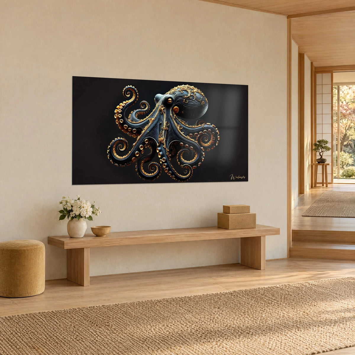 Skulpturales Krakengemälde in Mitternachtsblau und Gold, acht Arme in Spiralen auf schwarzem Grund, dreiviertel Ansicht in einem holzverkleideten Wohnraum
