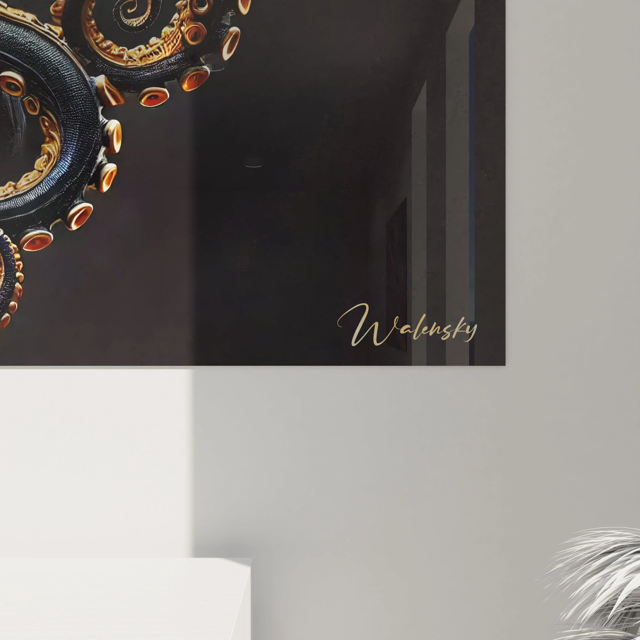 vue de pres le tableau poulpe revele des details saisissants ses tentacules dores capturent la lumiere et creent un effet de profondeur parfait pour un interieur moderne