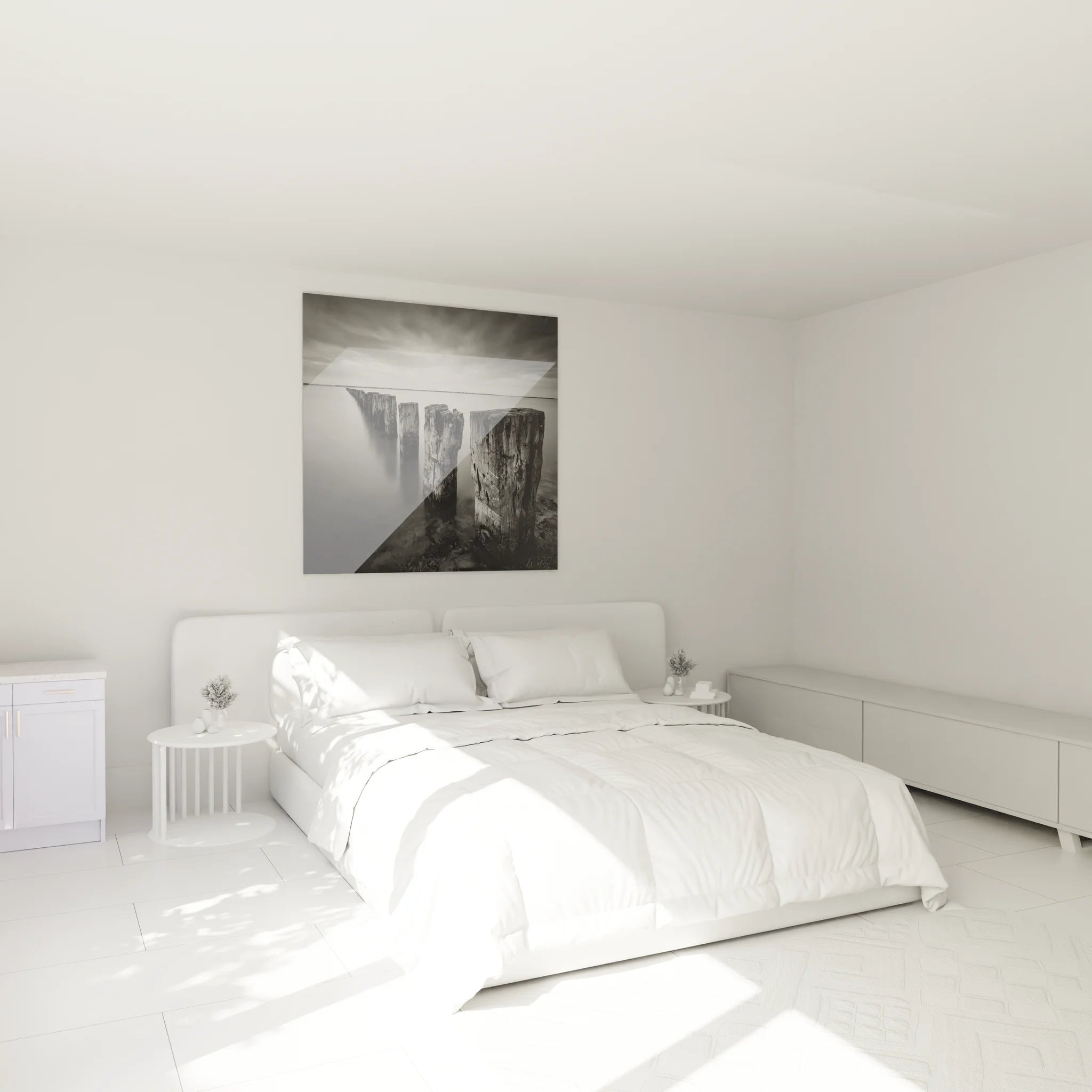 Tableau pieux bois mer noir blanc décorant chambre moderne ambiance zen minimaliste