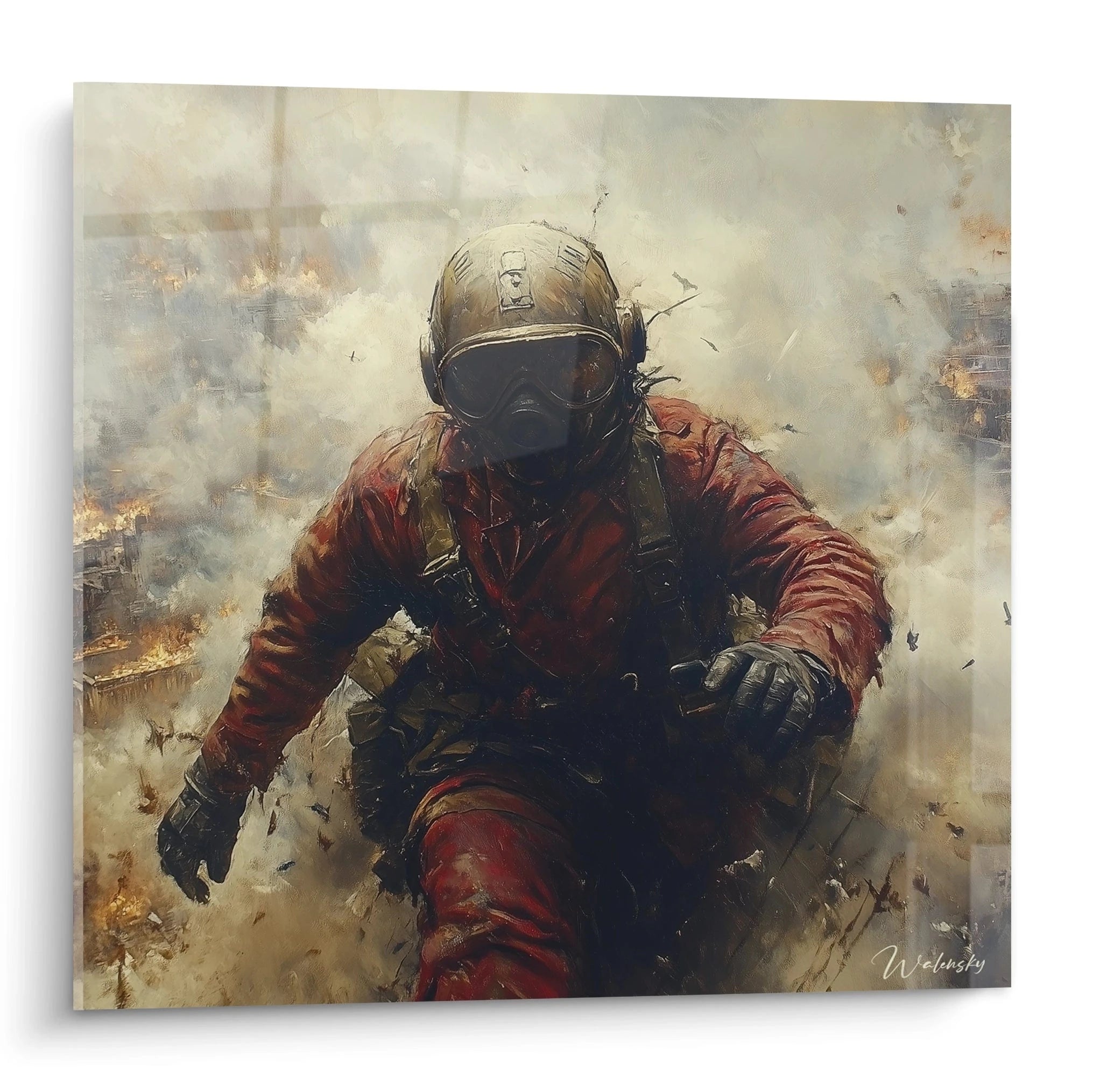 tableau pilote Seconde Guerre mondiale montrant un aviateur en combinaison rouge et casque dans une scène de combat enfumée