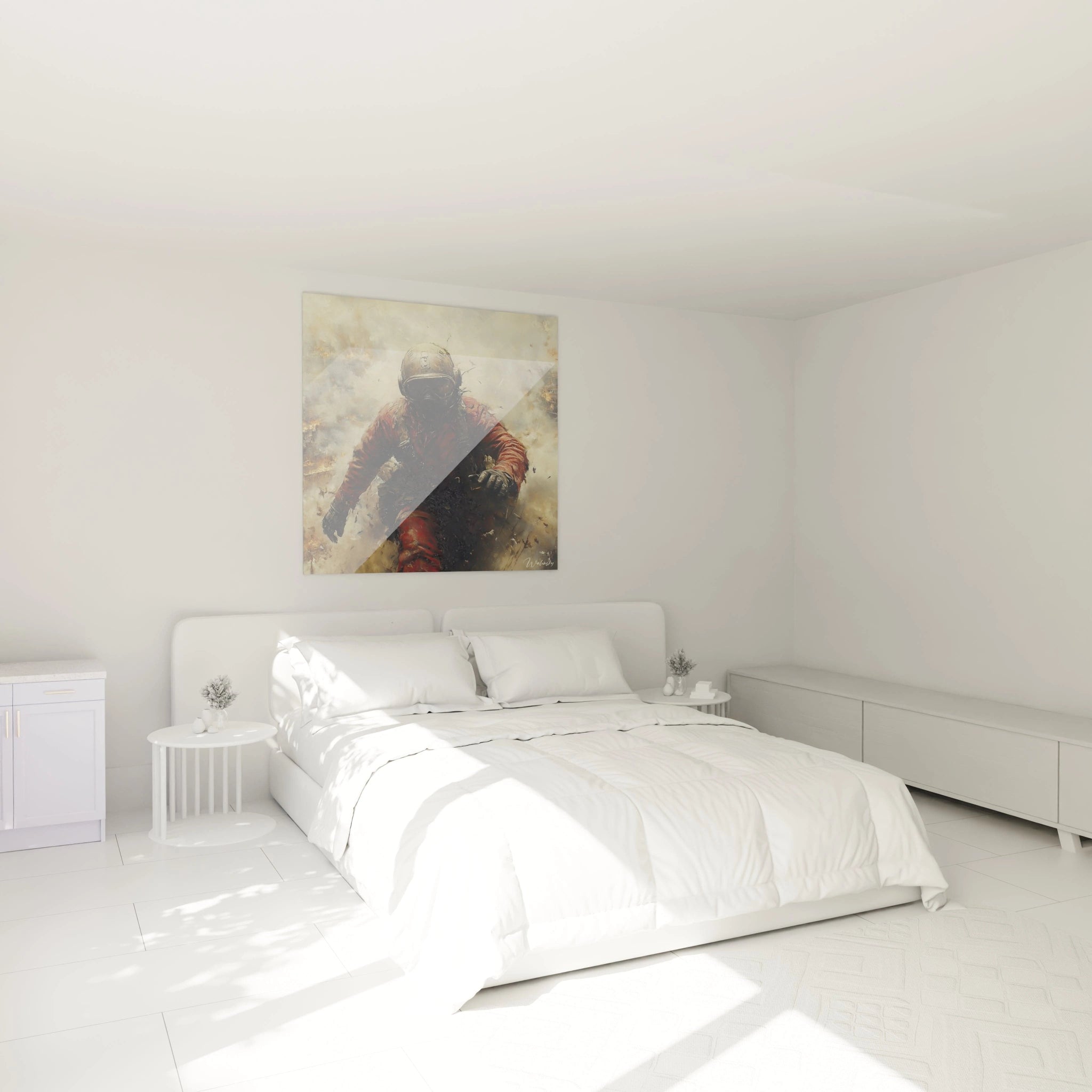 Walensky tableau pilote Seconde Guerre mondiale accroché au dessus du lit dans chambre blanche minimaliste