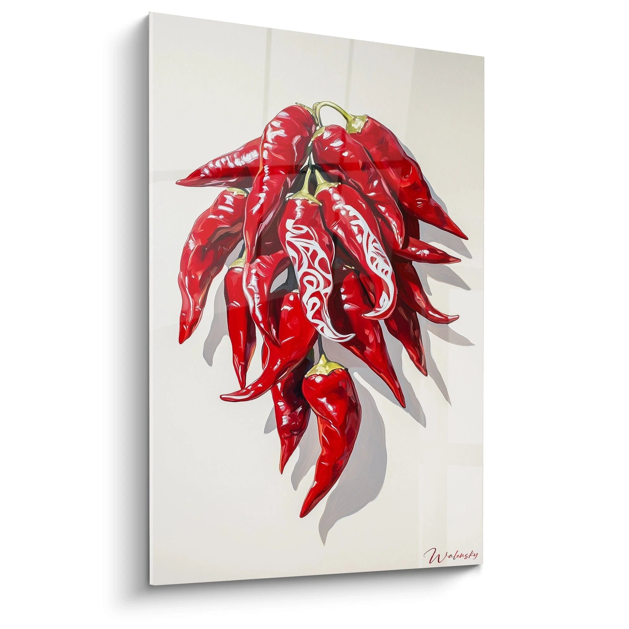 Un tableau Piment nature reprĂ©sentant une grappe de piments rouges brillants avec des reflets blancs, des tiges vertes et un fond beige uni, offrant un rendu lisse et un effet dâombre marquĂ©.
