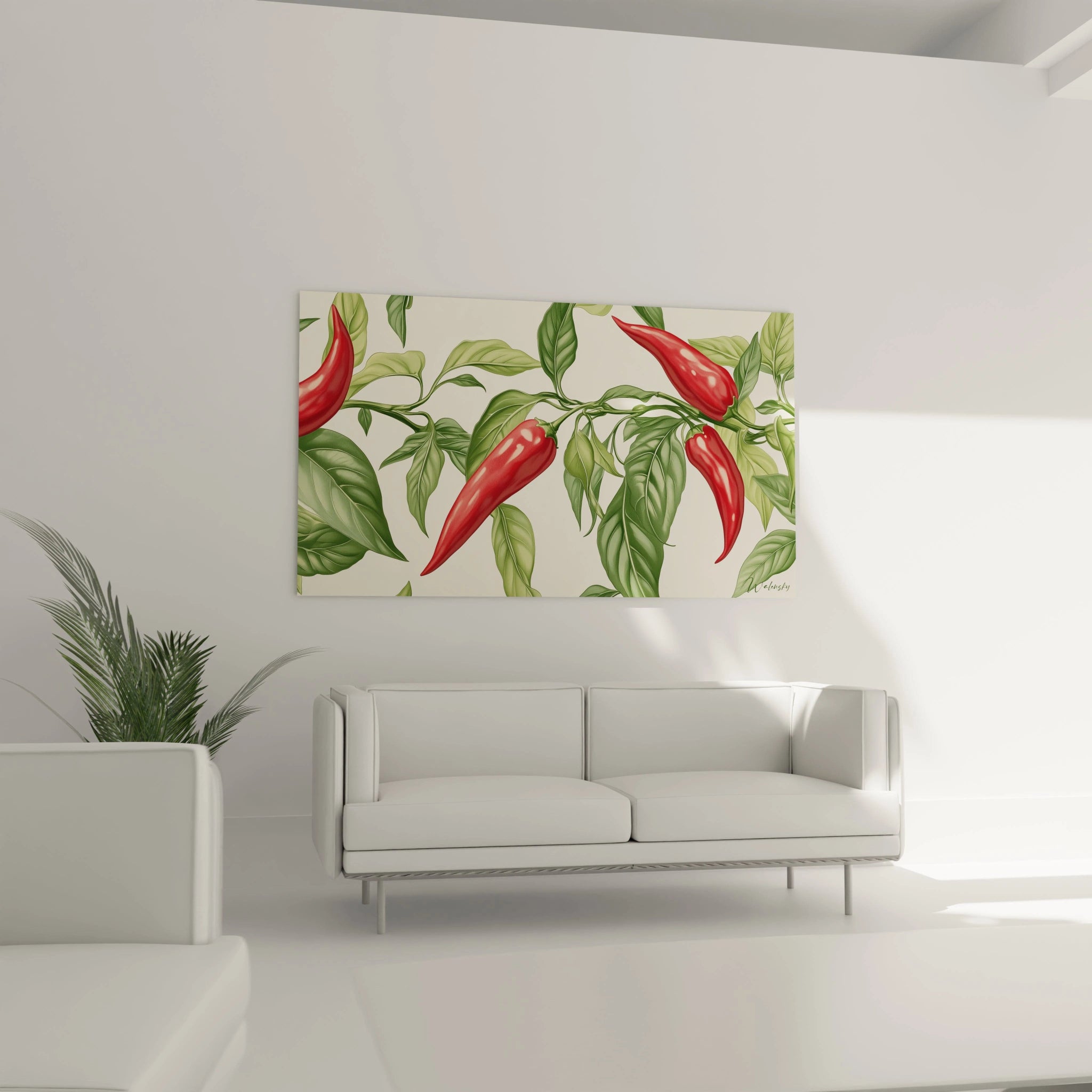 Un tableau Piment nature mettant en avant des piments rouges lisses et lumineux, accrochés à des branches vert foncé. Les feuilles sont détaillées avec des ombres légères et un fond beige unifié.