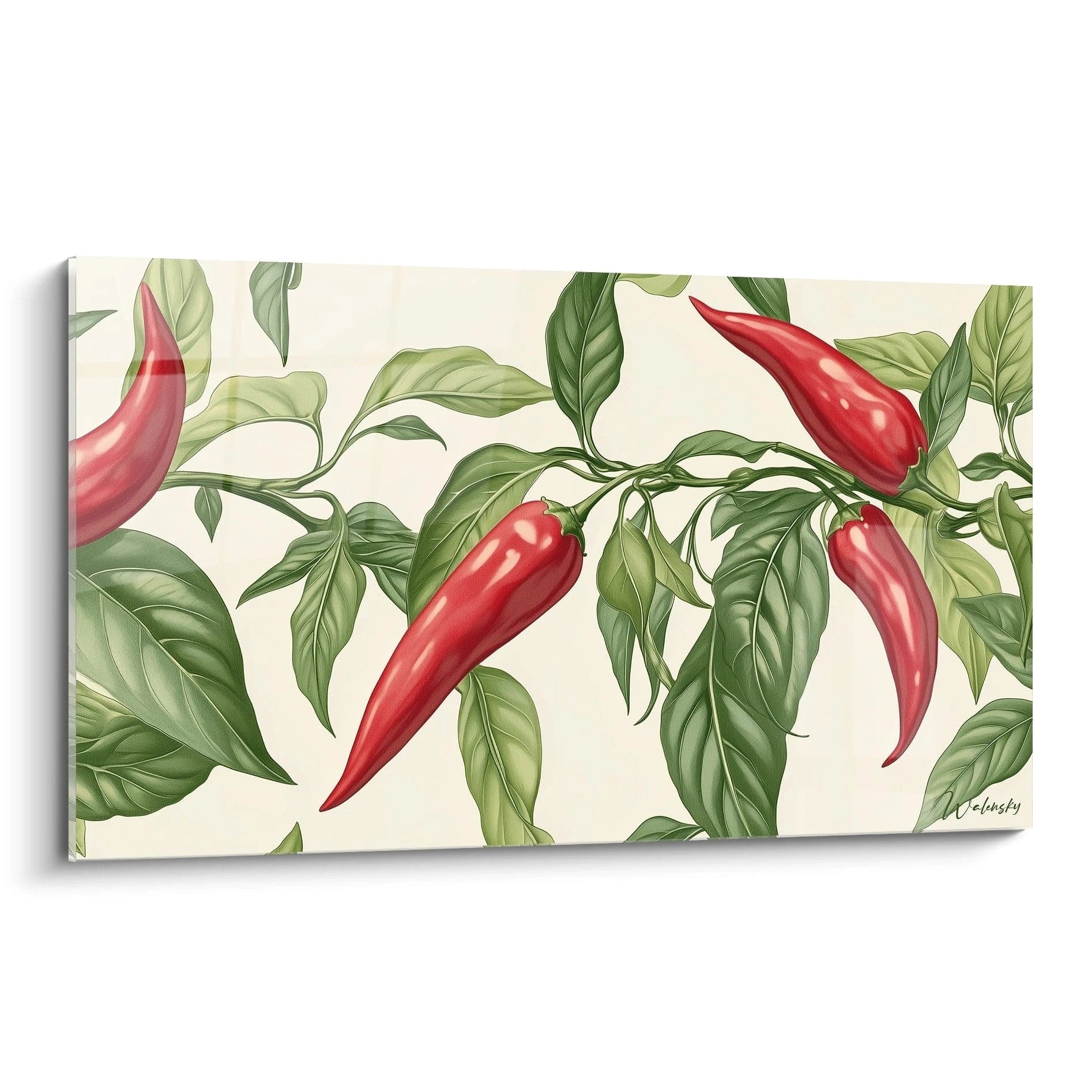 Un tableau Piment nature illustrant des piments rouges allongés sur des branches vertes, avec un fond beige clair. Les feuilles présentent des détails nervurés et des ombres douces pour un effet réaliste.