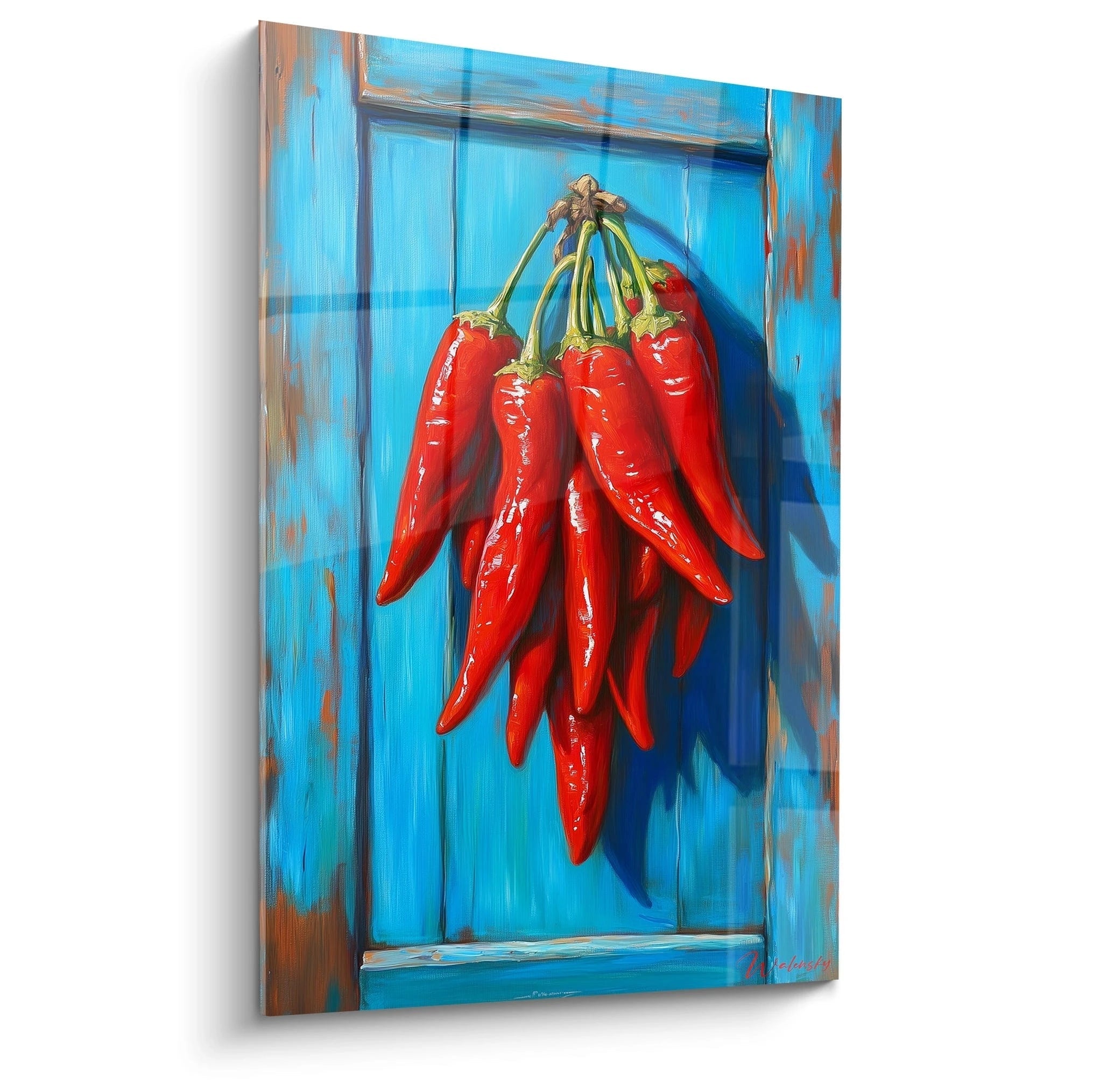 Un tableau Piment nature illustrant une grappe de piments rouges suspendue sur un fond en bois bleu texturé, avec des reflets lumineux et des ombres marquées créant un effet de relief.