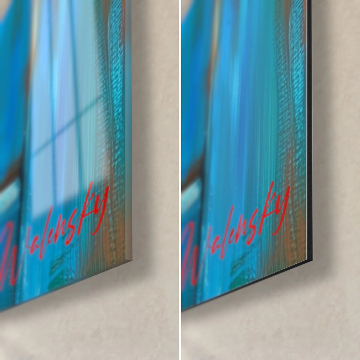 Tableau piments rouges sur bois turquoise, coin bas droit : verre acrylique brillant à reflets, alu Dibond mat et tranche de 3 mm