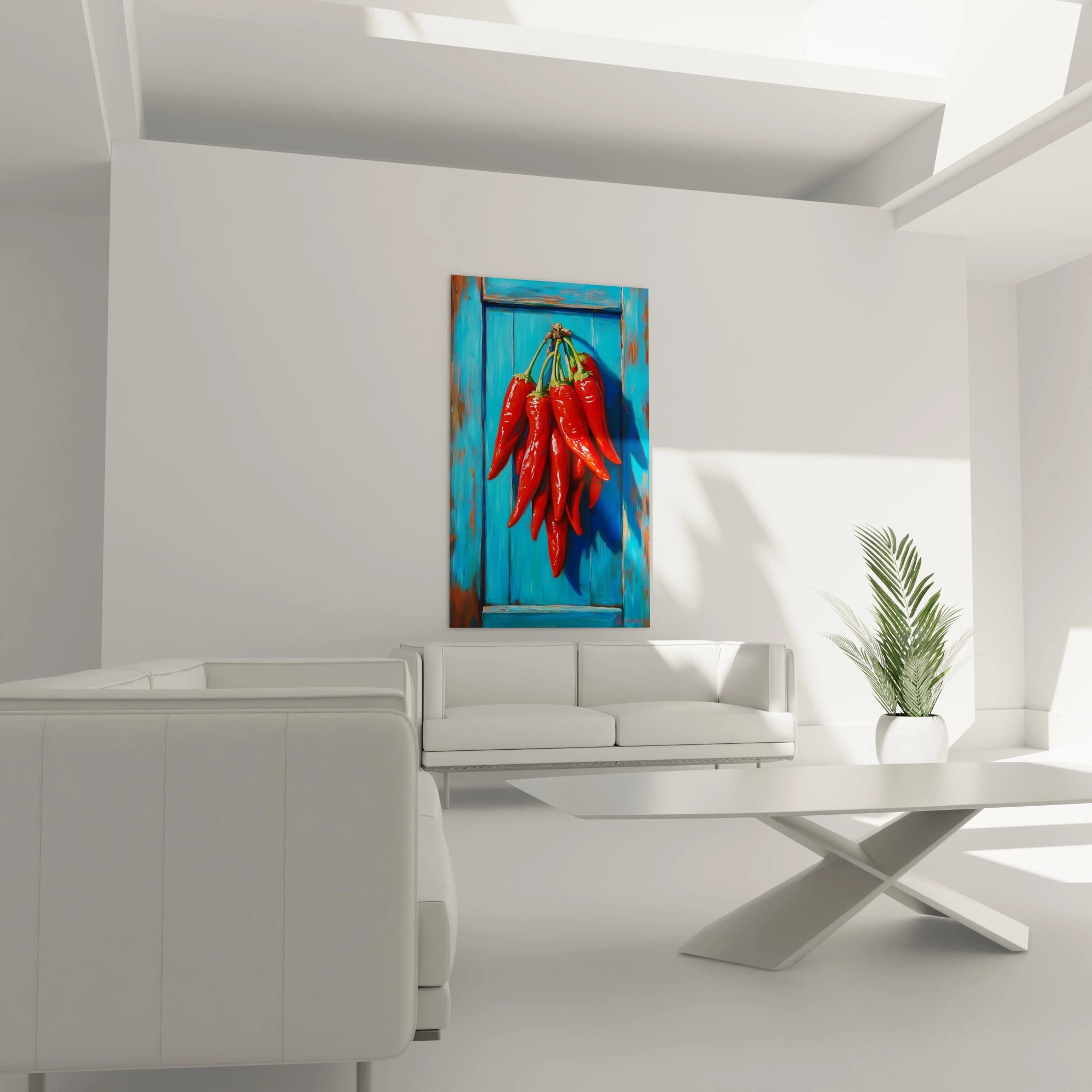 Un tableau Piment nature montrant des piments suspendus sur une surface en bois bleu, avec des textures contrastĂ©es entre la brillance des piments et lâaspect rugueux et usĂ© du fond.