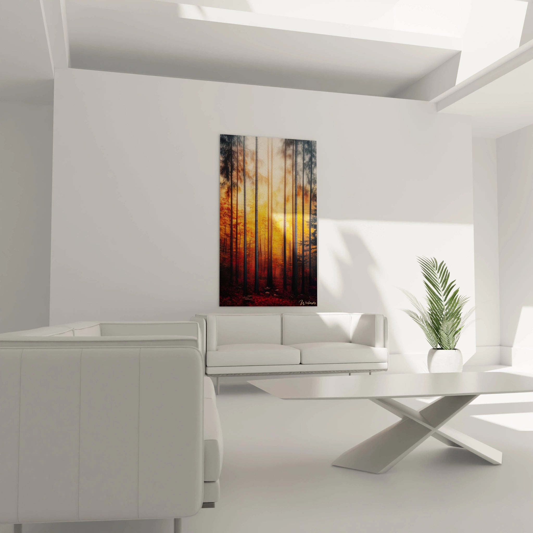 Un tableau Pin nature mettant en scène une forêt automnale, avec des pins sombres contrastant sur un fond lumineux. La brume crée un effet de profondeur, et les teintes dominantes sont le rouge, l’orange et le gris.